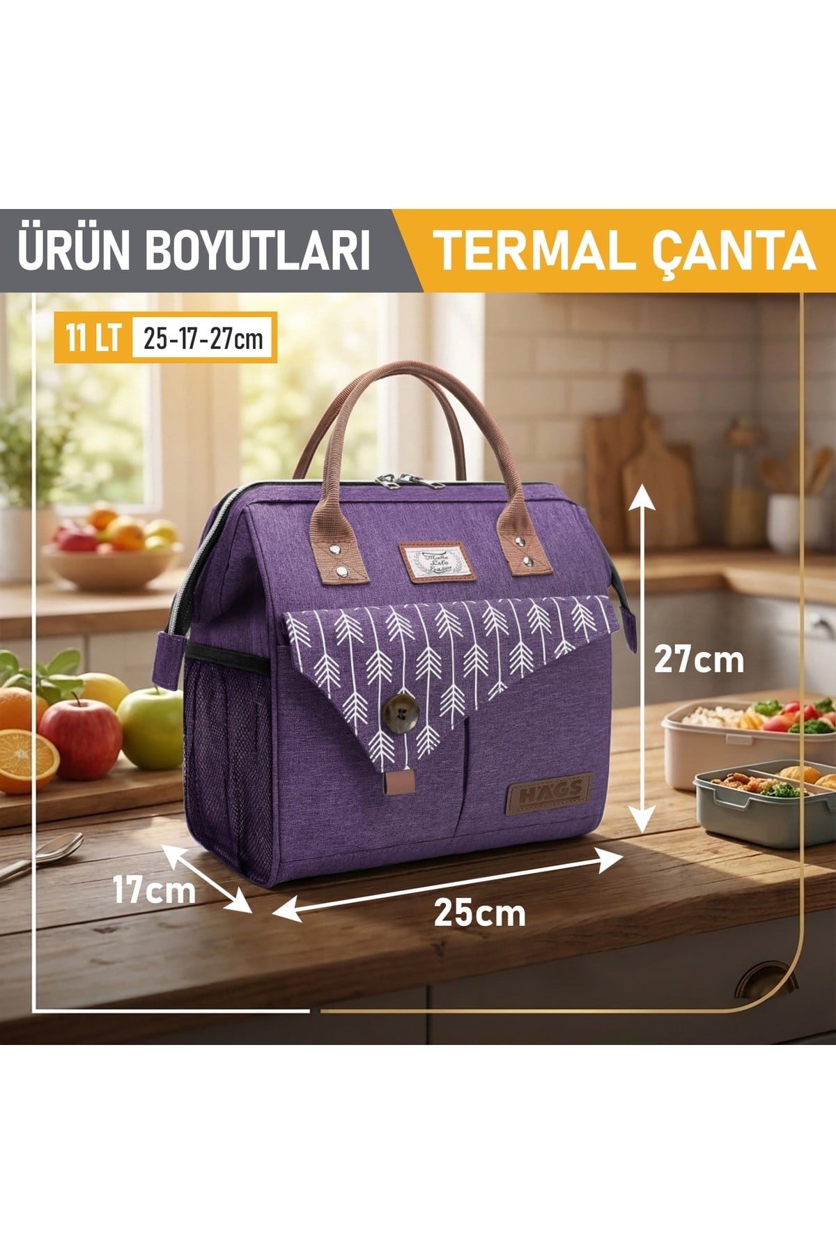 Haegs Kadın Termal Çanta, Yalıtımlı Yemek Taşıma Çantası, Sızdırmaz Beslenme Kutusu, Ofis Kamp Piknik Çantası 11L - Lila