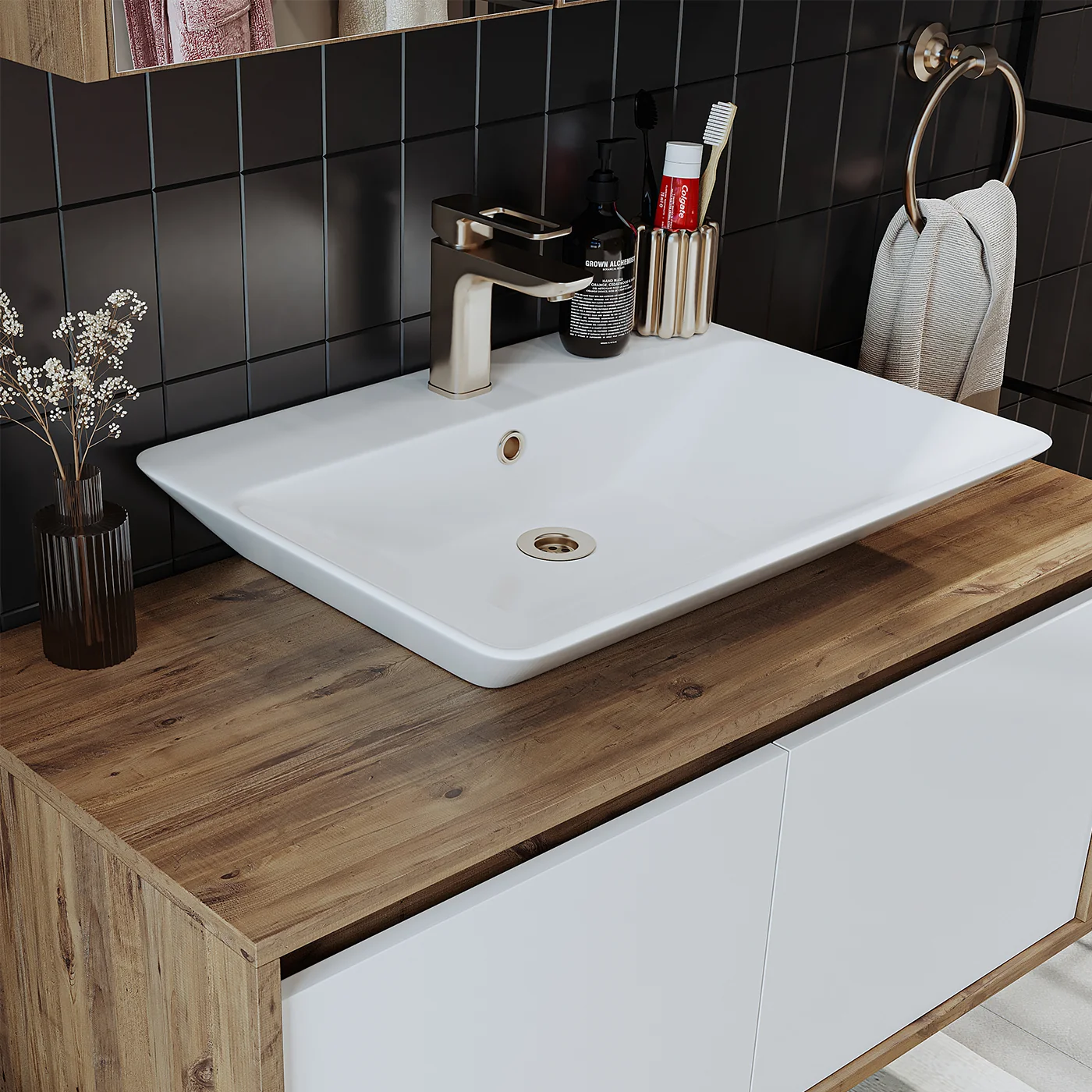 RoomArt Banos Banyo Tm7.2 Ayaksız 2 Kapaklı Lavabolu Ahşap-Mat Beyaz Mdf 65 cm Banyo Dolabı + Aynalı Banyo Üst Dolabı