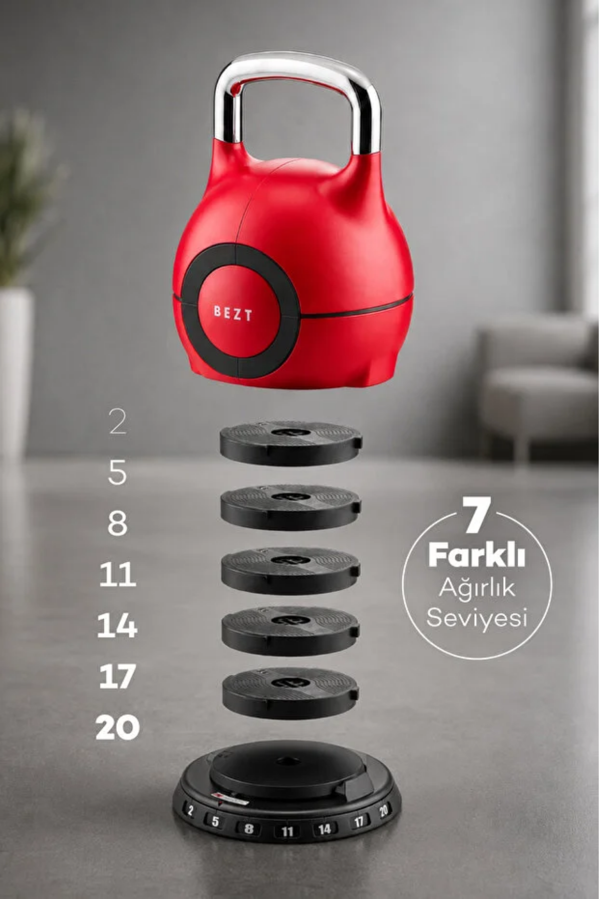 Bezt Pro Ayarlanabilir Kettlebell 20 Kg Kırmızı - Çok Fonksiyonlu Ağırlık Ayarlı Döküm Kettlebell