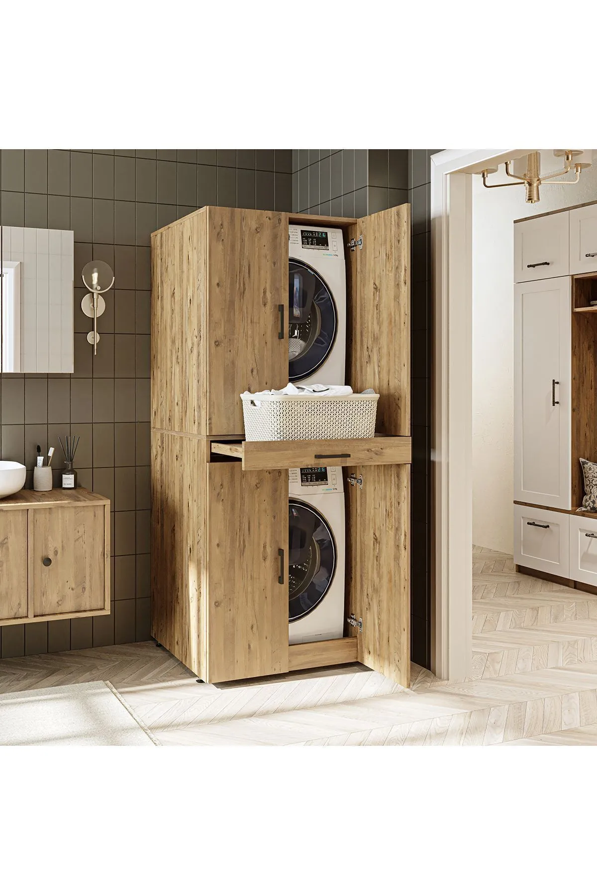 RoomArt Banyo Dolabı Kapaklı Çamaşır Ve Kurutma Makinesi Dolabı 70x185 cm Atlantik Çam