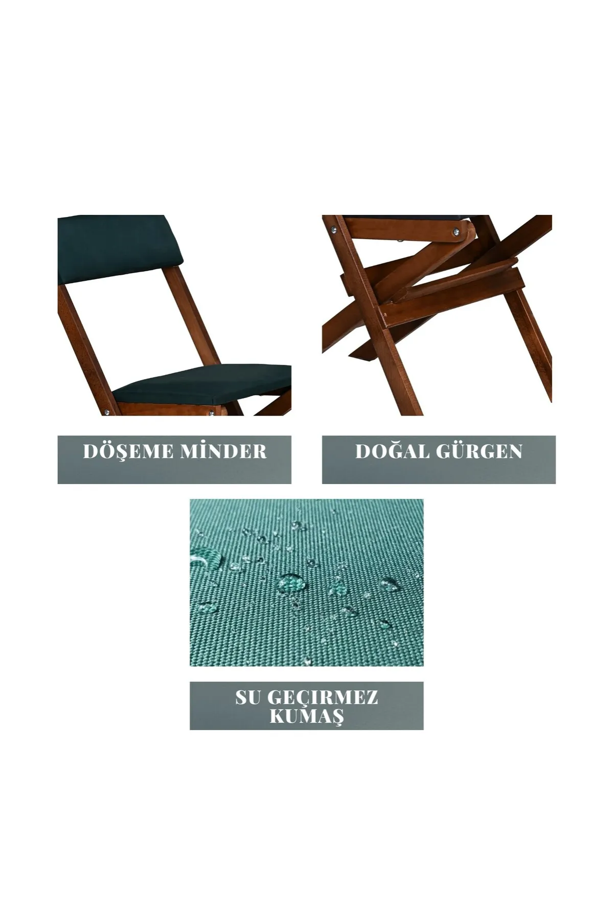 BySay Ahşap Katlanır Döşeme Minderli 3'lü Bistro Set Bahçe Takımı Ceviz Yeşil