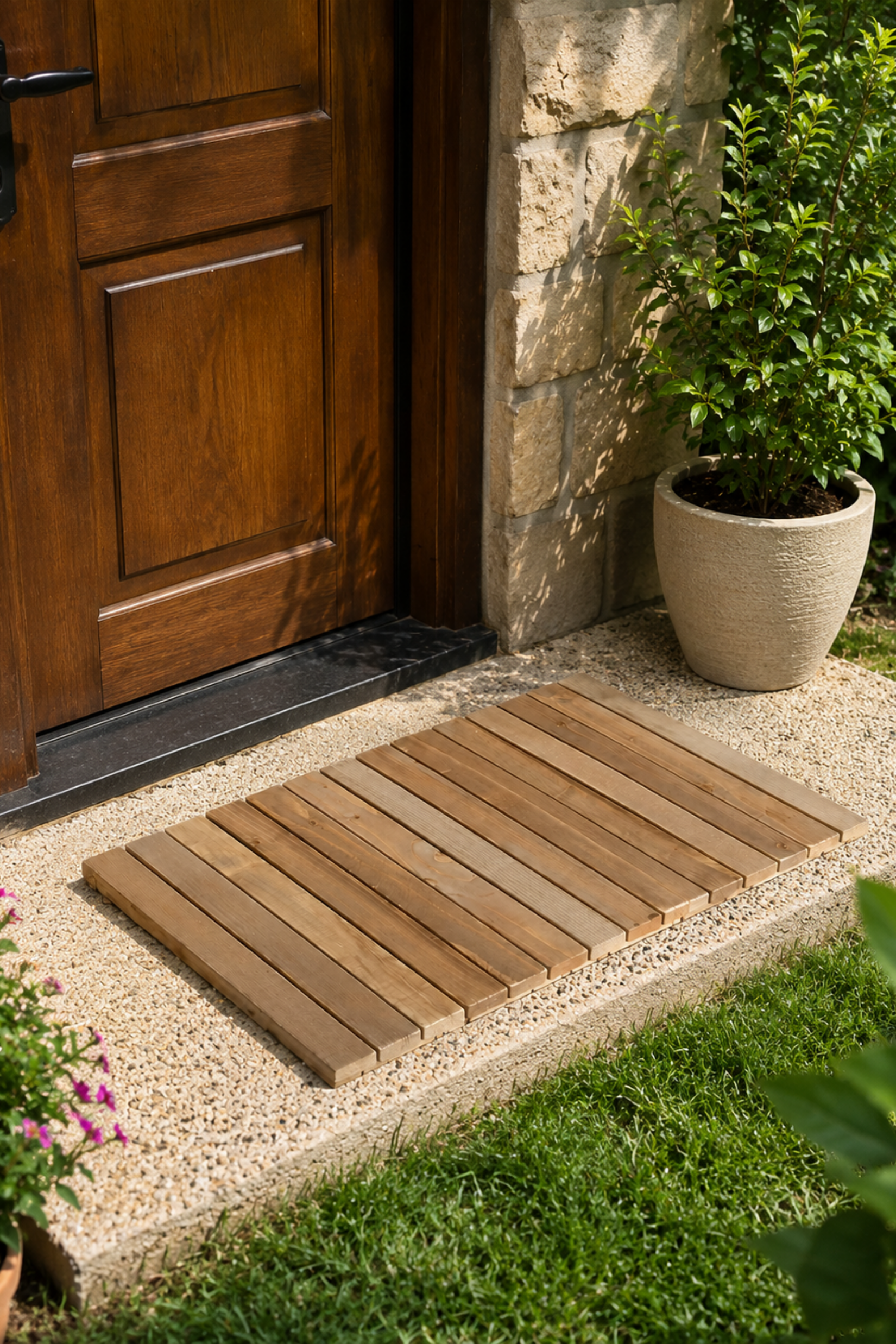 Reyo 40x50cm Ahşap İpli Banyo Paspası, Bahçe Balkon Paspası   