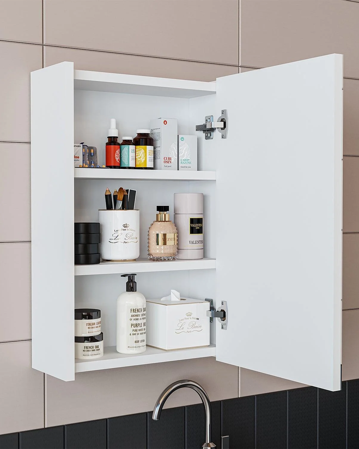 RoomArt Tek Kapaklı Lavabolu Mat Beyaz 50cm Banyo Dolabı Aynalı Üst Dolabı Mat Beyaz