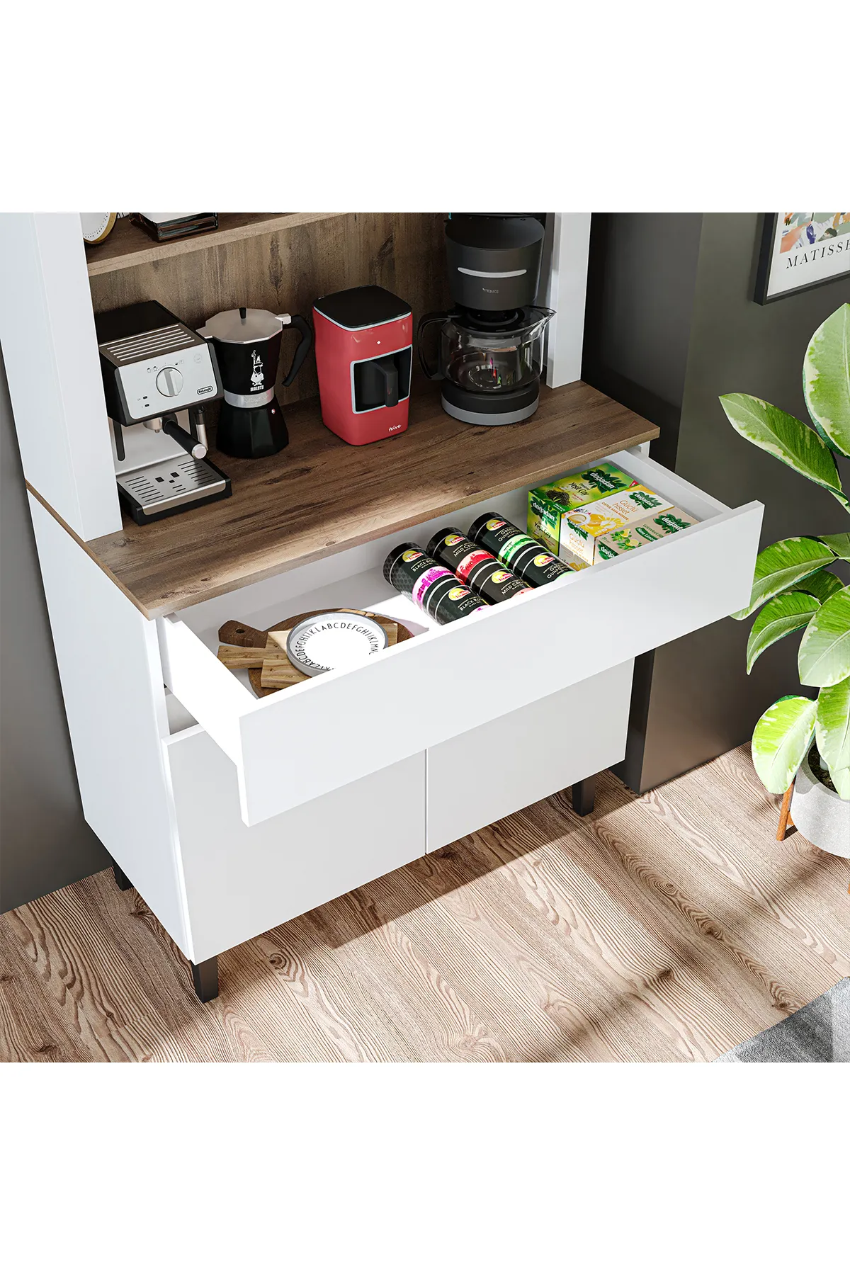 RoomArt Venedik Kahve Köşesi, Çok Amaçlı Dolap, 2 Kapaklı 1 Çekmeceli Kiler Dolabı, Mutfak Dolabı Beyaz Çam
