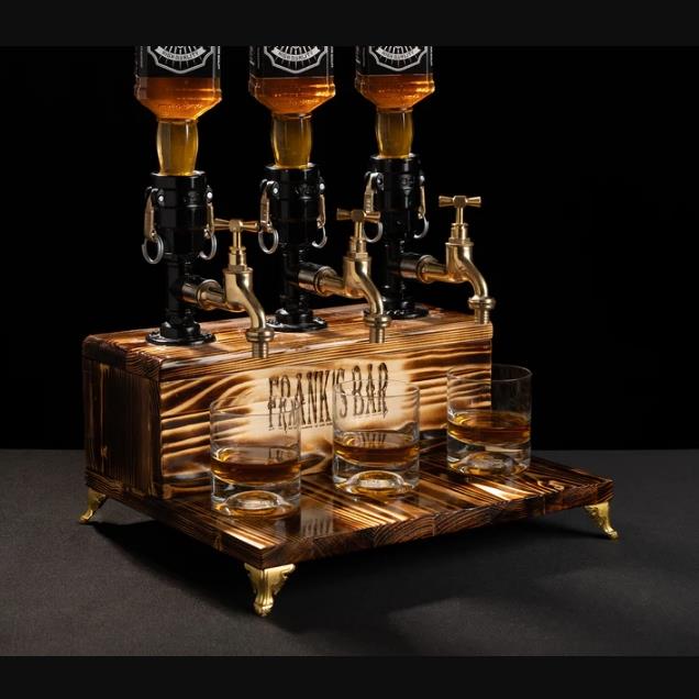 Rustik Atölye Define 3 Musluk Ahşap İçki Dağıtıcı Koyu Ceviz