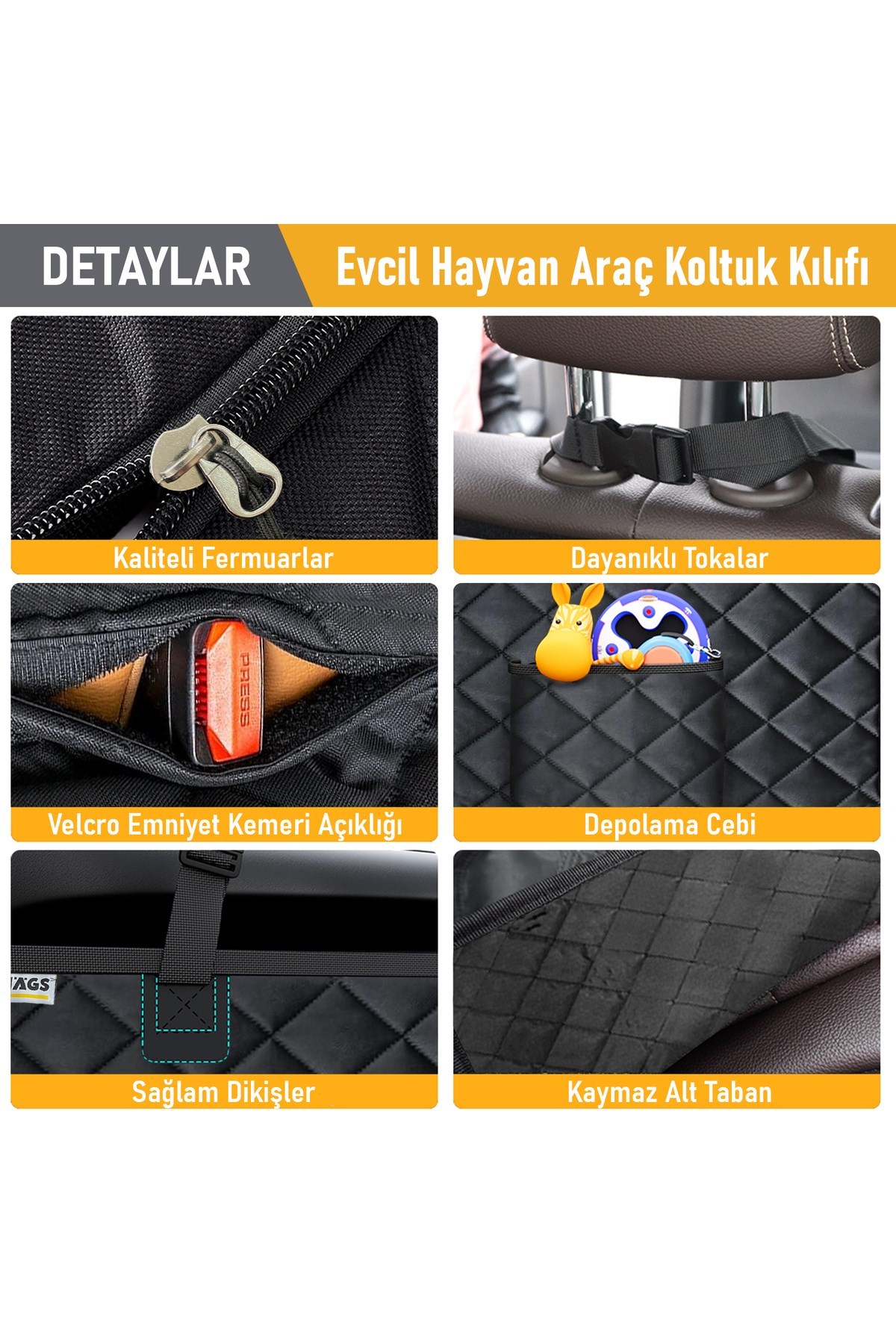 Haegs Araç Arka Koltuk Kılıfı - Evcil Hayvan Oto Köpek Koltuk Koruma Örtüsü, Fermuarlı, Konsol Bölmeli, Kaymaz, Ağır Hizmet Tipi, Su Geçirmez Koltuk Koruyucu Kılıf, Large:145cm - Siyah
