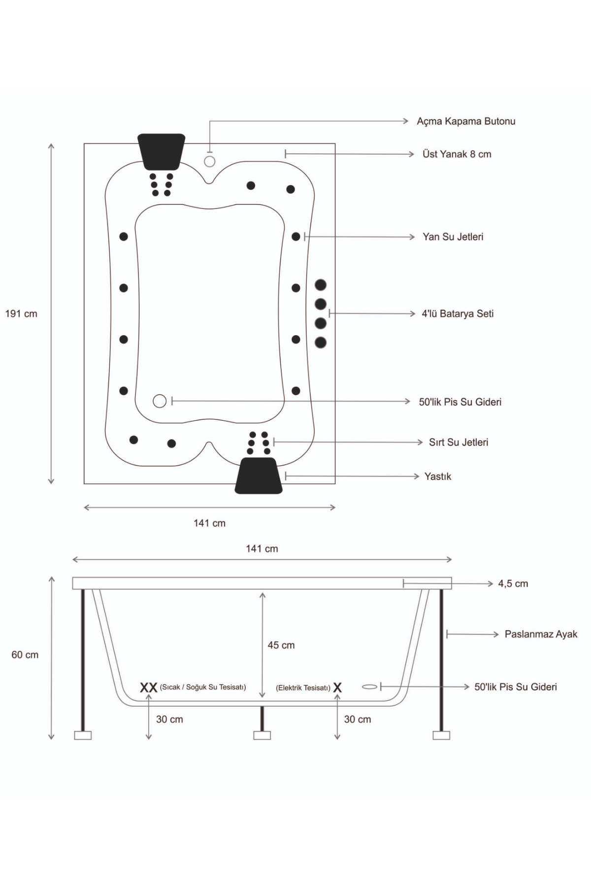 Kuntbay 141×191 H 60 Dikdörtgen Çift Kişilik Jakuzi