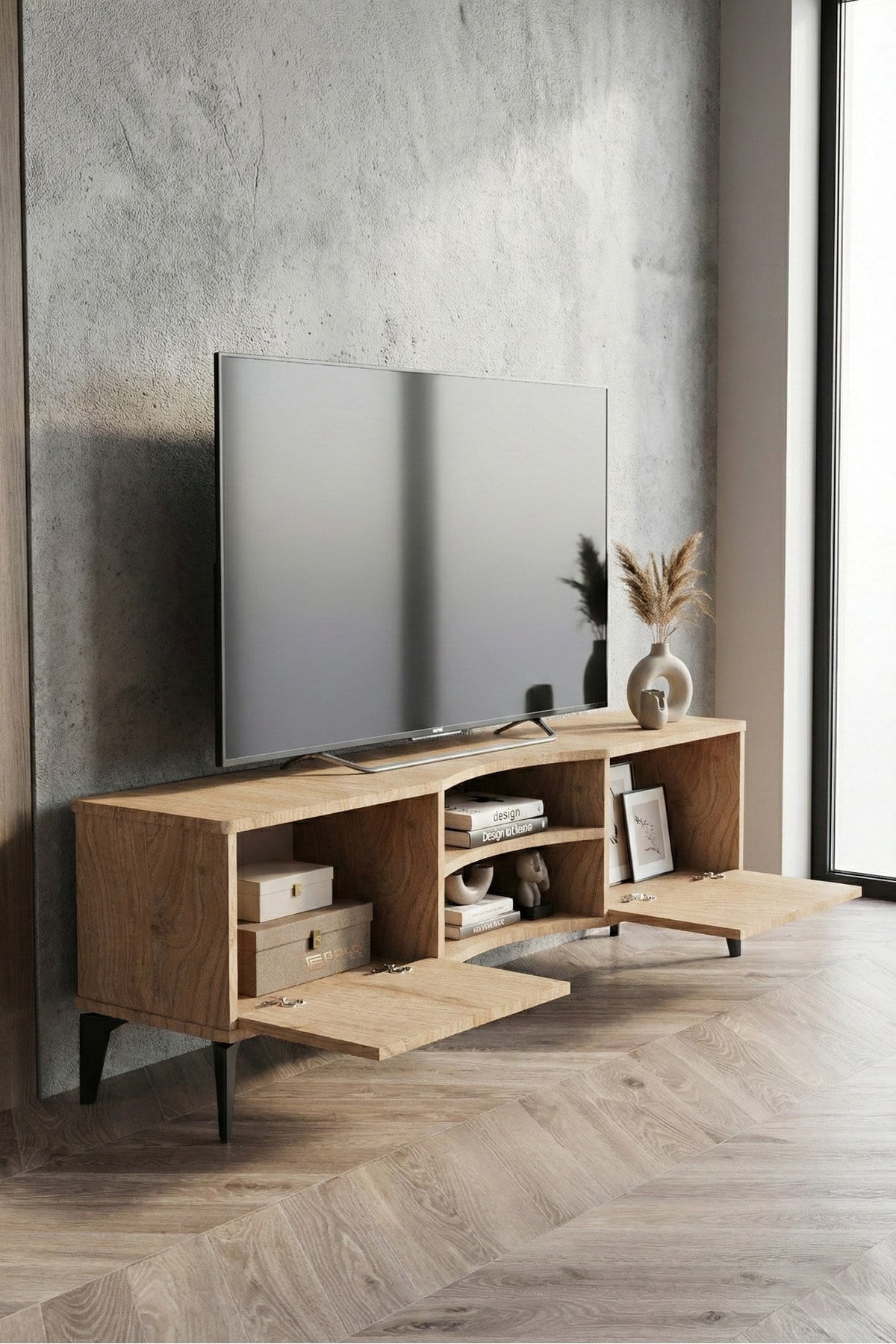 Reyo Falez Vera Tv Sehpası 160x35x50 cm Çok Amaçlı Televizyon Ünitesi Raflı Dolaplı Salon Oturma Odası 5057 Meşe