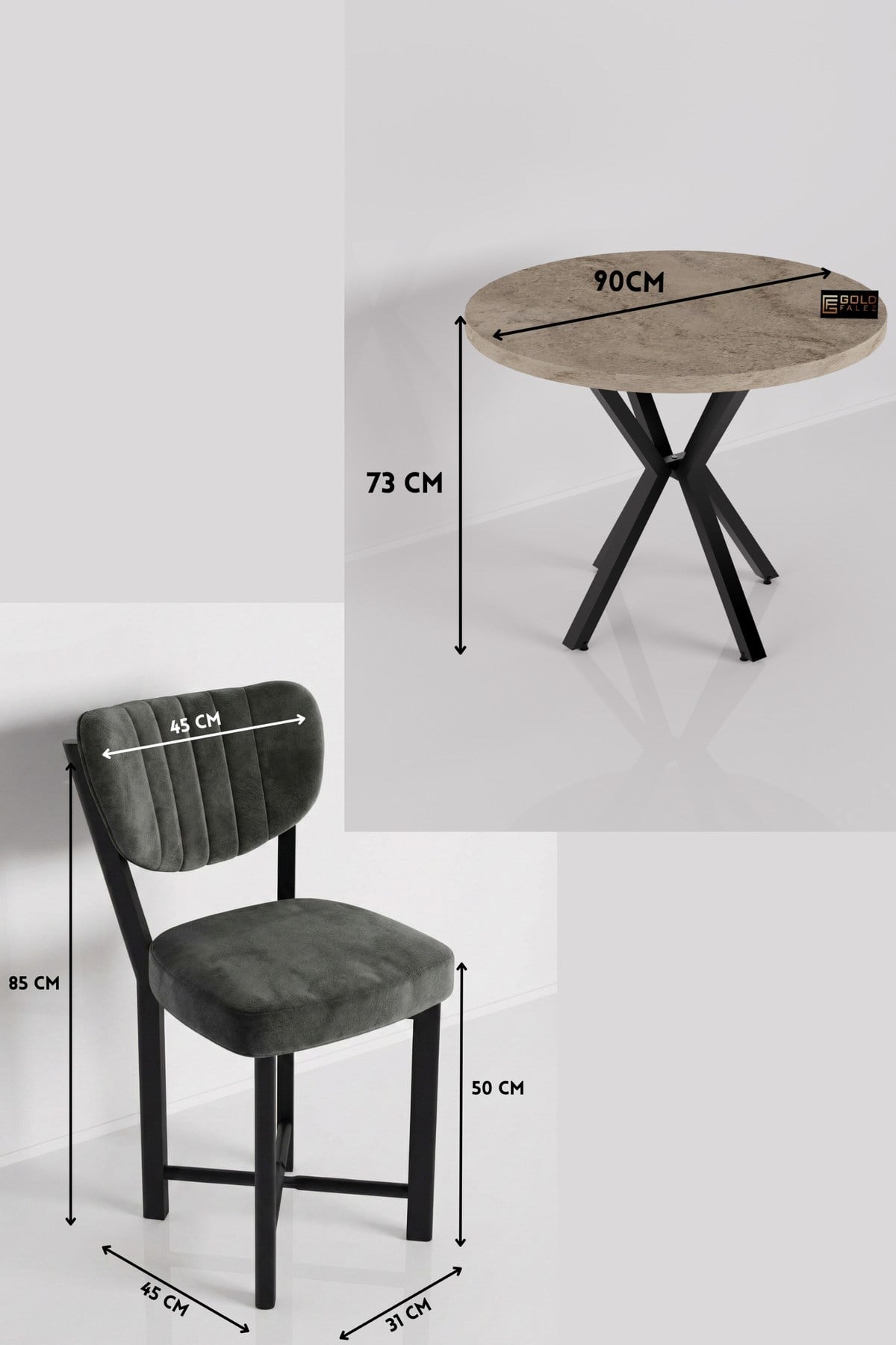 Reyo Falez Elma 90 cm 4 Sandalyeli Yuvarlak Masa Takımı Modern Mutfak Balkon Kafe Yemek Masası Seti - Traverten Antrasit 9867