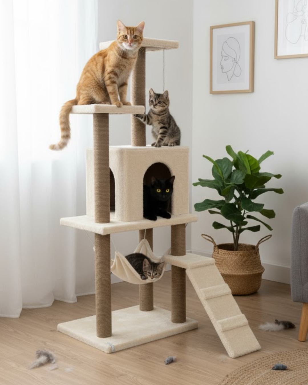 Reyo Pet B-07 Hamaklı Yuvalı Lüx Kedi Tırmalama Oyun Evi Beyaz