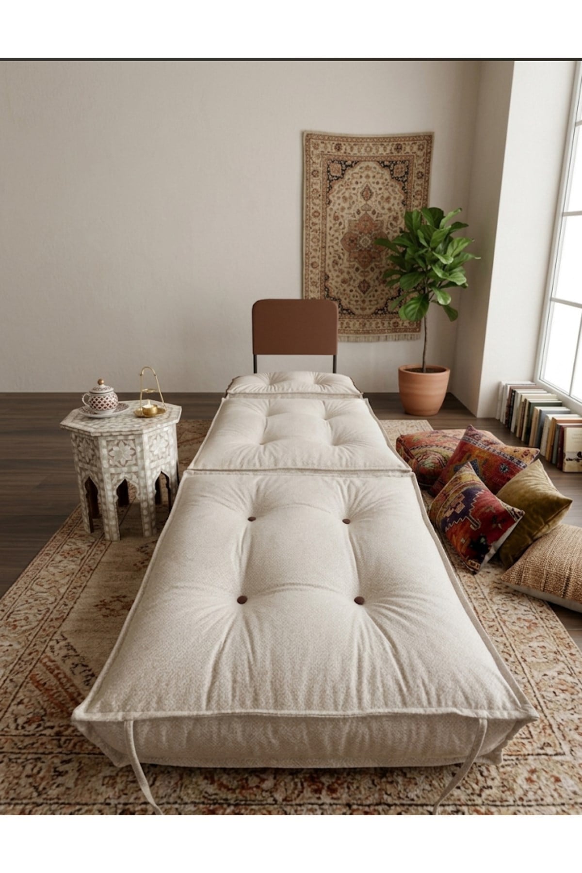 Pufymax Comfy Zen Oval Bohem Tekli Koltuk Yatak Olabilen Katlanır Berjer & Modüler Yer Yatağı 75x75x 90 cm Ekru