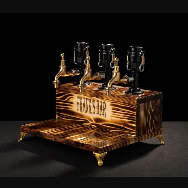 Rustik Atölye Define 3 Musluk Ahşap İçki Dağıtıcı Koyu Ceviz