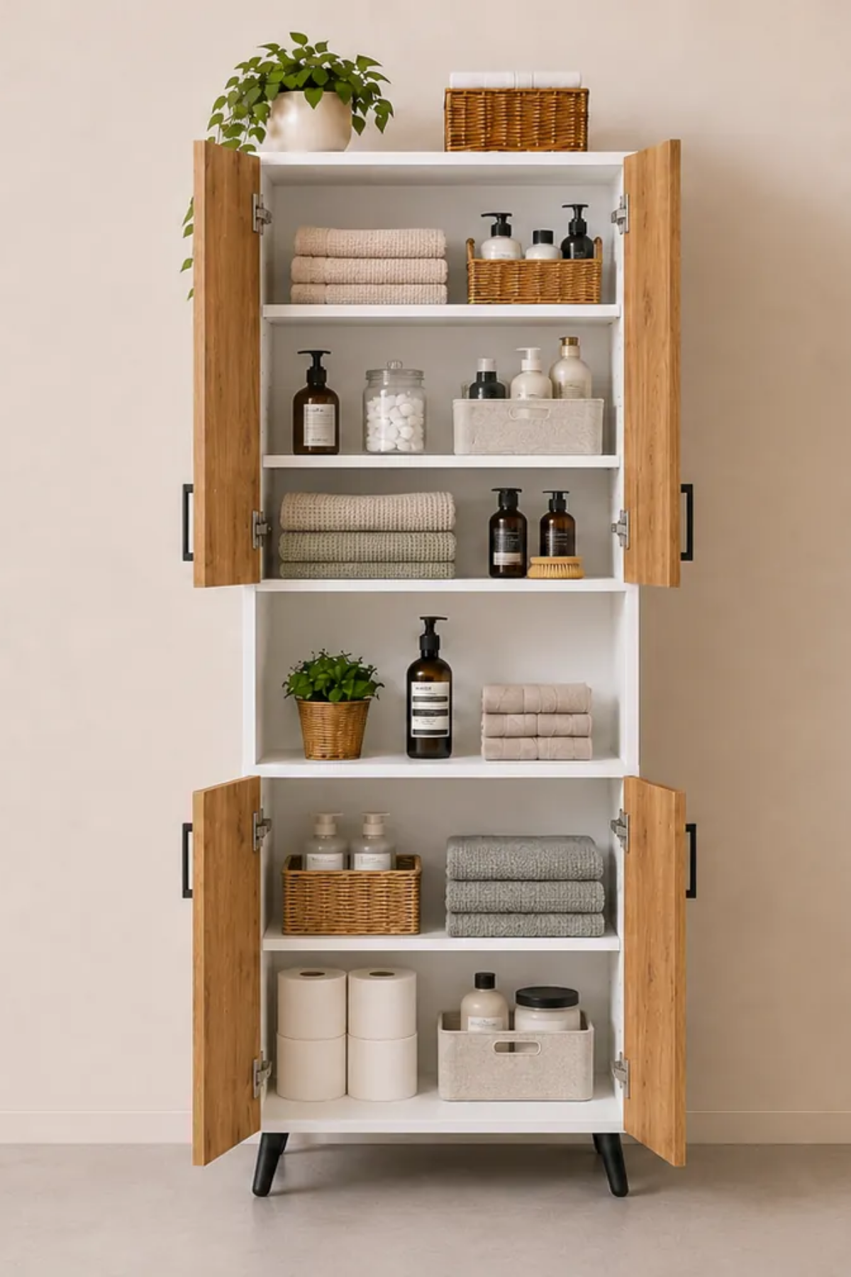 Enda Home Listra 4 Kapaklı Çok Amaçlı Dolap 170,8 cm,  Raflı, Ayaklı Depolama Dolabı Atlantik Çam - Beyaz