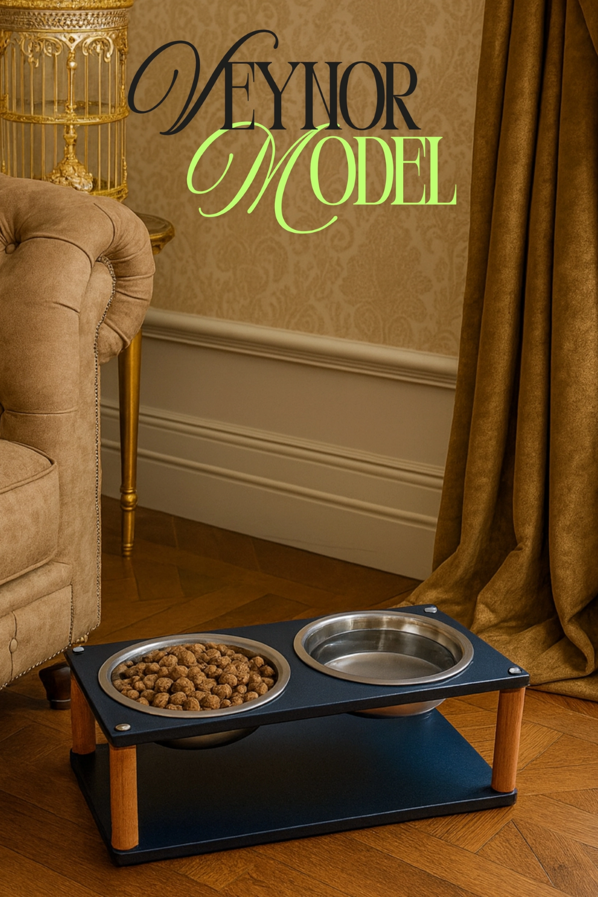 Reyo OK-AY Store Veynor Modern Ahşap Demonte Kedi Köpek Mama Standı 2'li Paslanmaz Çelik Kaseli Mama ve Su Standı Siyah