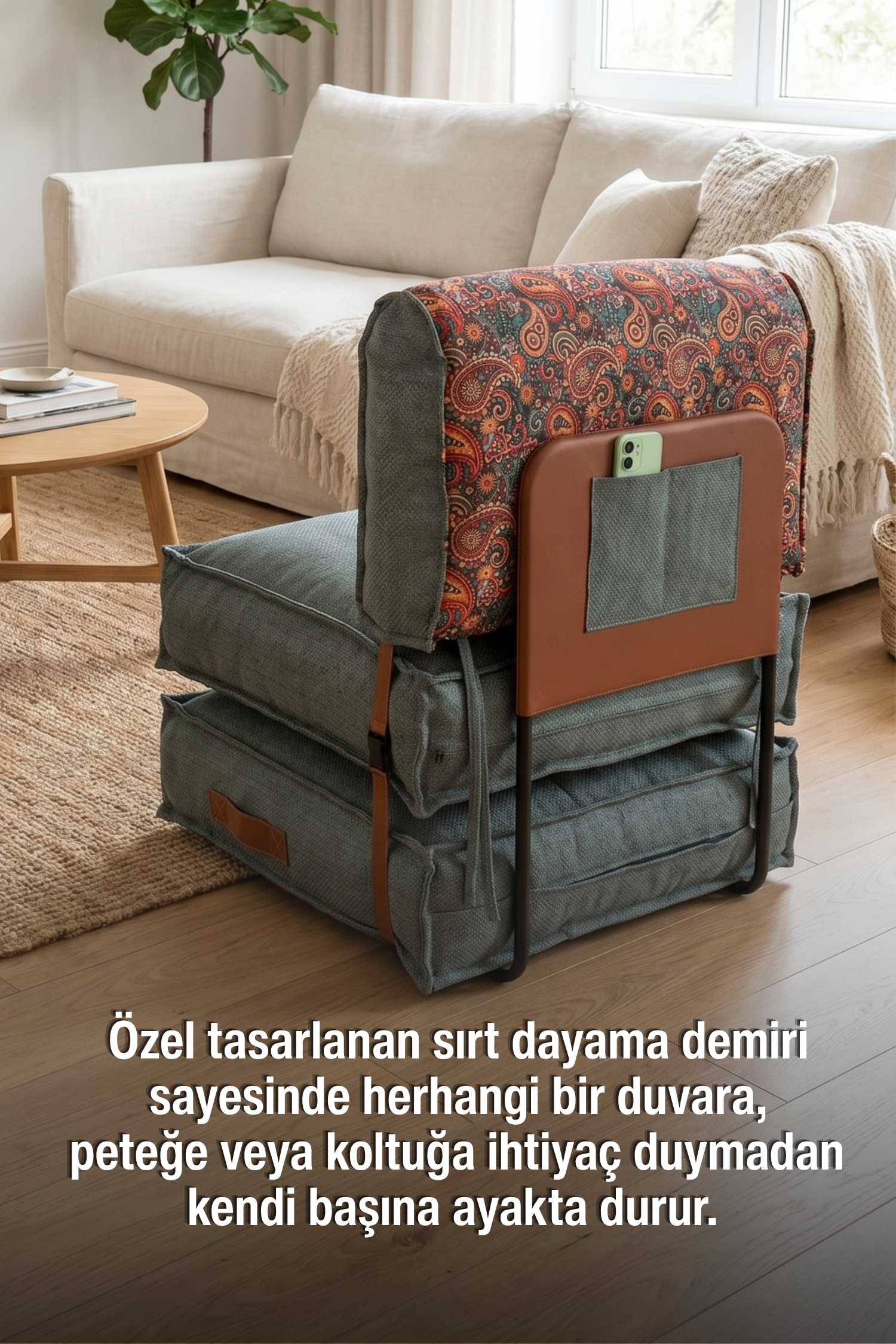 Pufymax Comfort Minder Koltuk Modüler Yer Koltuğu Sırt Destekli Oturma Minderi 75x75x85cm Yıkanabilir Fermuarlı Yeşil/Desenli 