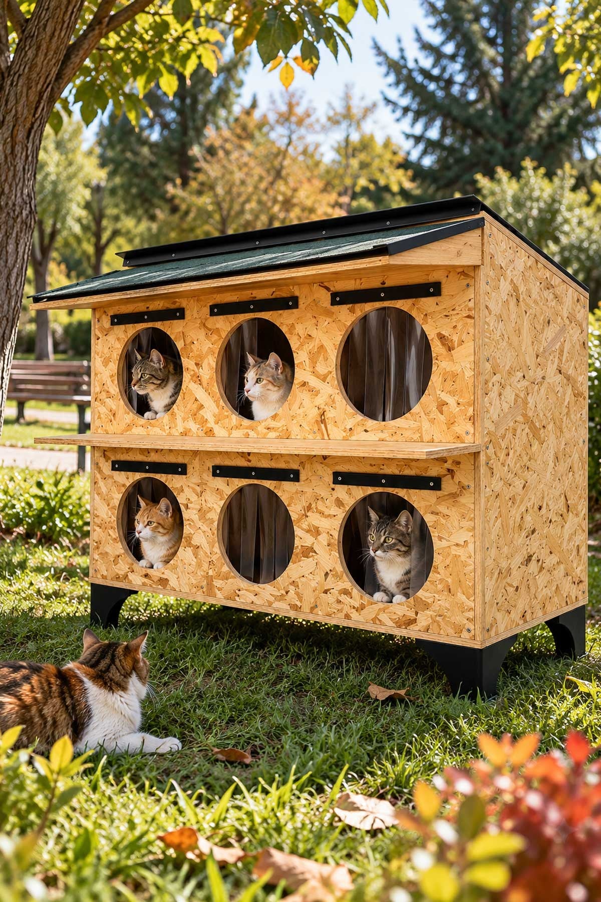 Narım Dış Mekan Kedi Evi 6 Kedilik 2 Katlı Ahşap Kedi Barınağı, Su ve Isı Yalıtımlı Monteli Teslimat