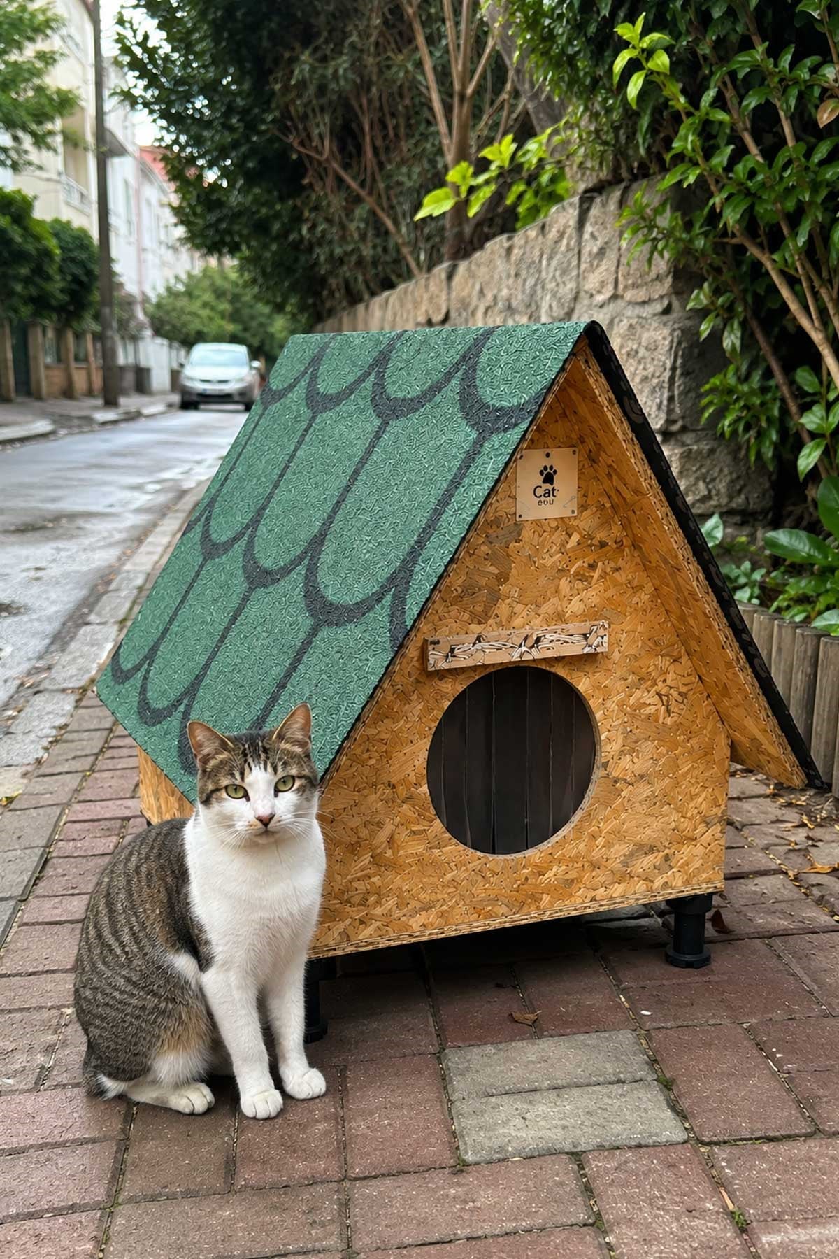 Narım Bungalov Kedi Evi, Kedi Barınağı Isı ve Suya Dayanıklı Çatı 45x60x70 cm 