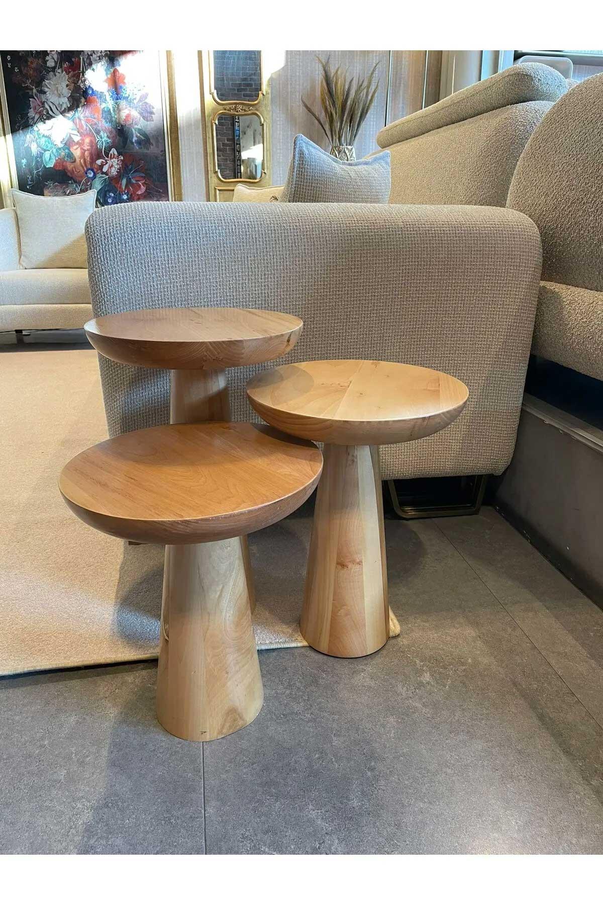 Reyo 3'lü Mushroom Zigon Sehpa Naturel Ahşap Ihlamur Ağacı Mantar Sehpa