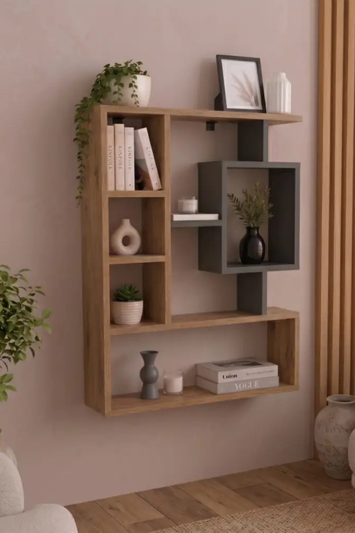 Enda Home Bigane Büyük Dekoratif Duvar Rafı 70,9 × 93,6 cm, Asimetrik Çok Bölmeli Duvara Monte Raf - Atlantik Çam Antrasit