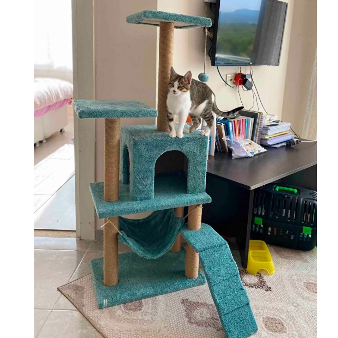 Reyo Pet B-07 Hamaklı Yuvalı Lüx Kedi Tırmalama Oyun Evi Turkuaz