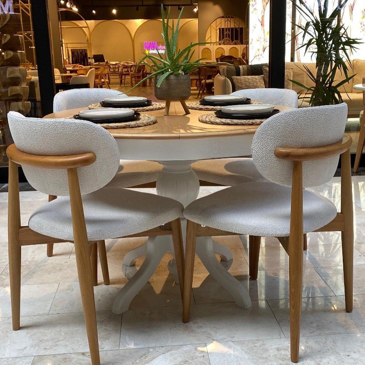 Reyo 90cm Açılır Yuvarlak Baba Ayaklı Masa Beyaz-Naturel