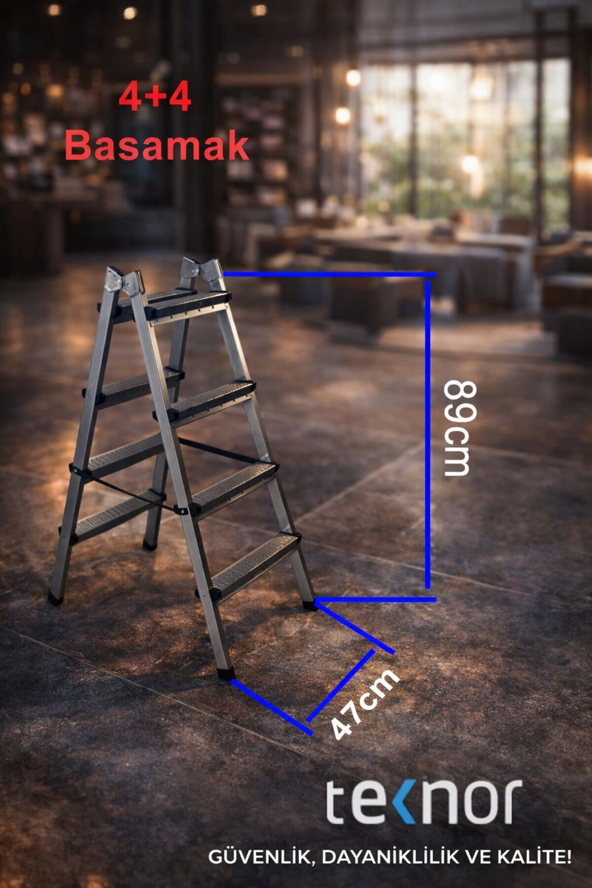 Reyo Kutlu Çift Taraflı Dayanıklı 4+4 Metal Basamaklı Katlanır Merdiven – Kaymaz Basamaklı Ev Tipi Portatif Merdiven