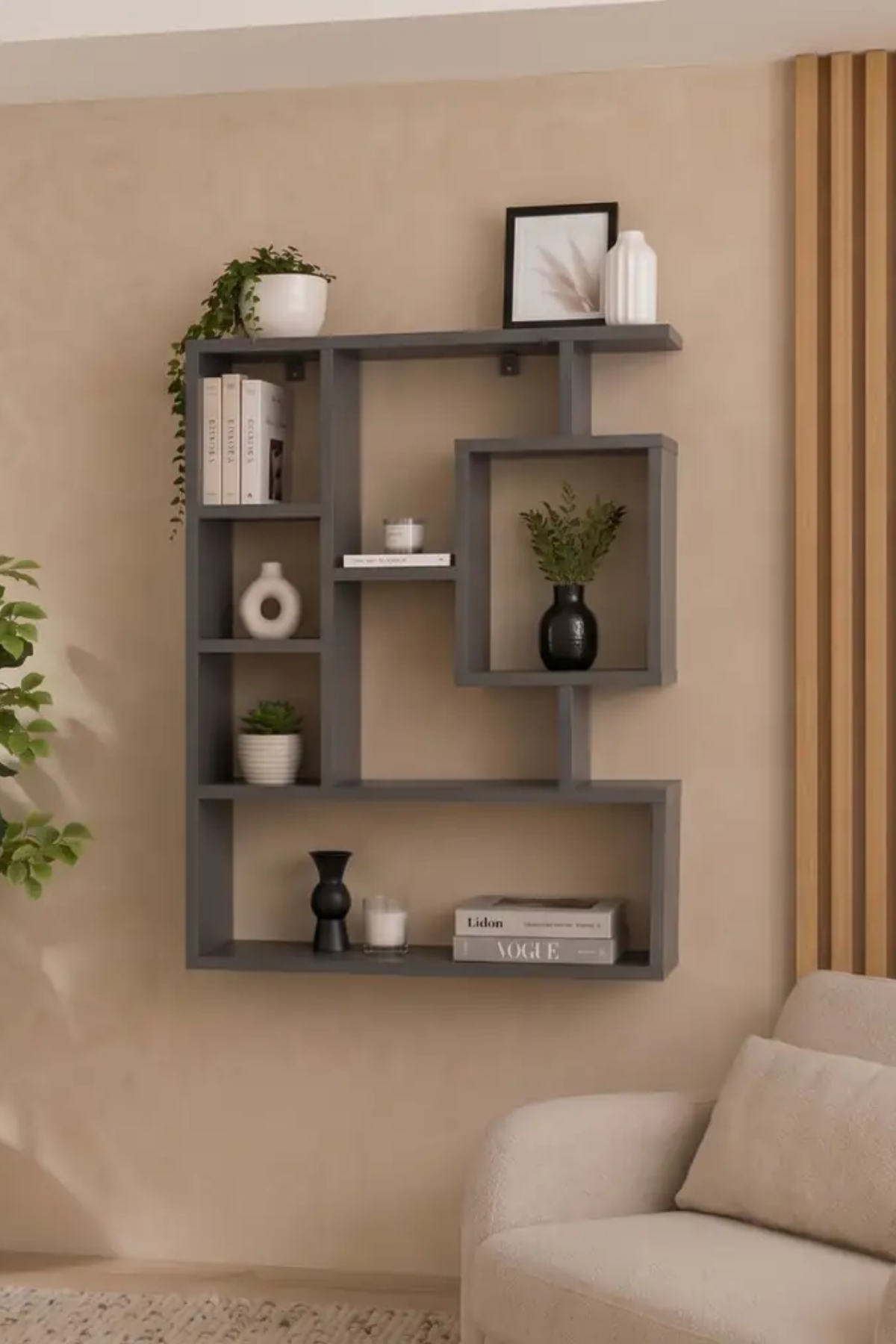 Enda Home Bigane Büyük Dekoratif Duvar Rafı 70,9 × 93,6 cm – Asimetrik Çok Bölmeli Duvara Monte Raf