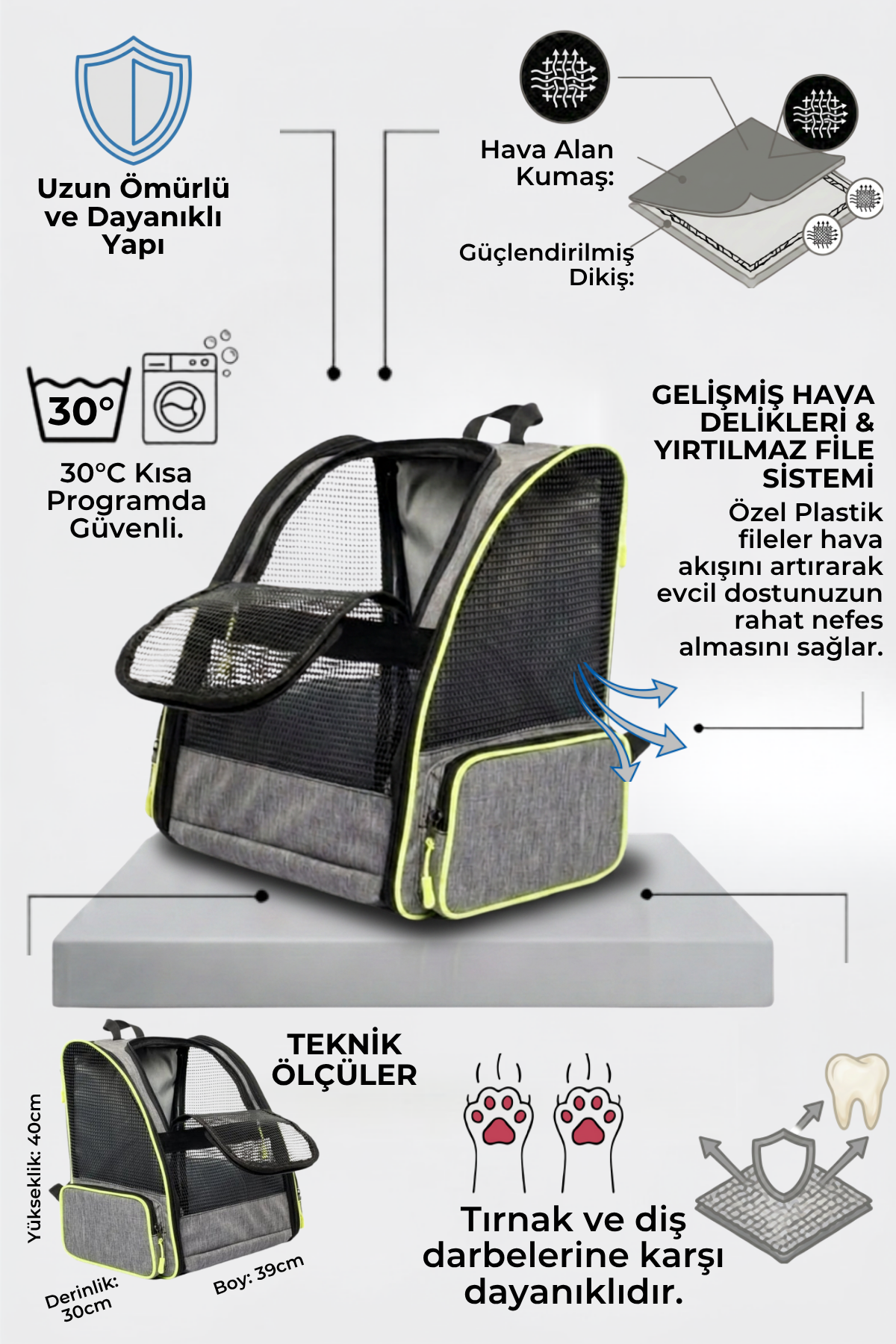 Reyo Brave Paws Plastik Fileli Piramit Model Yıkanabilir Kedi ve Köpek Çantası Gri