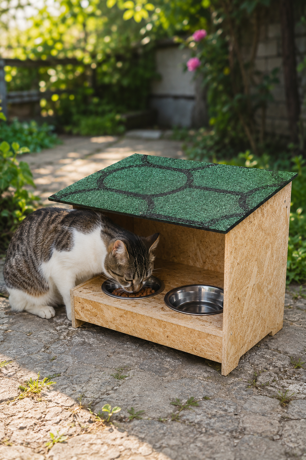 Narım Doğal Ahşap Kedi Mama İstasyonu, 2'li Mama ve Su Kabı, Su Geçirmez Membranlı