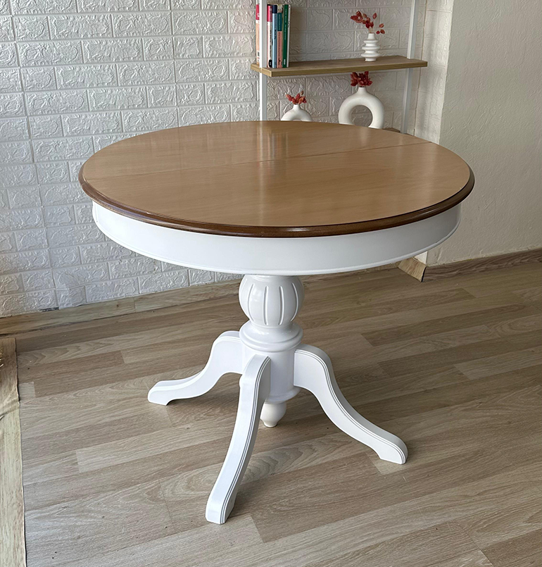 Reyo 100cm Açılır Yuvarlak Baba Ayaklı Masa Beyaz-Naturel