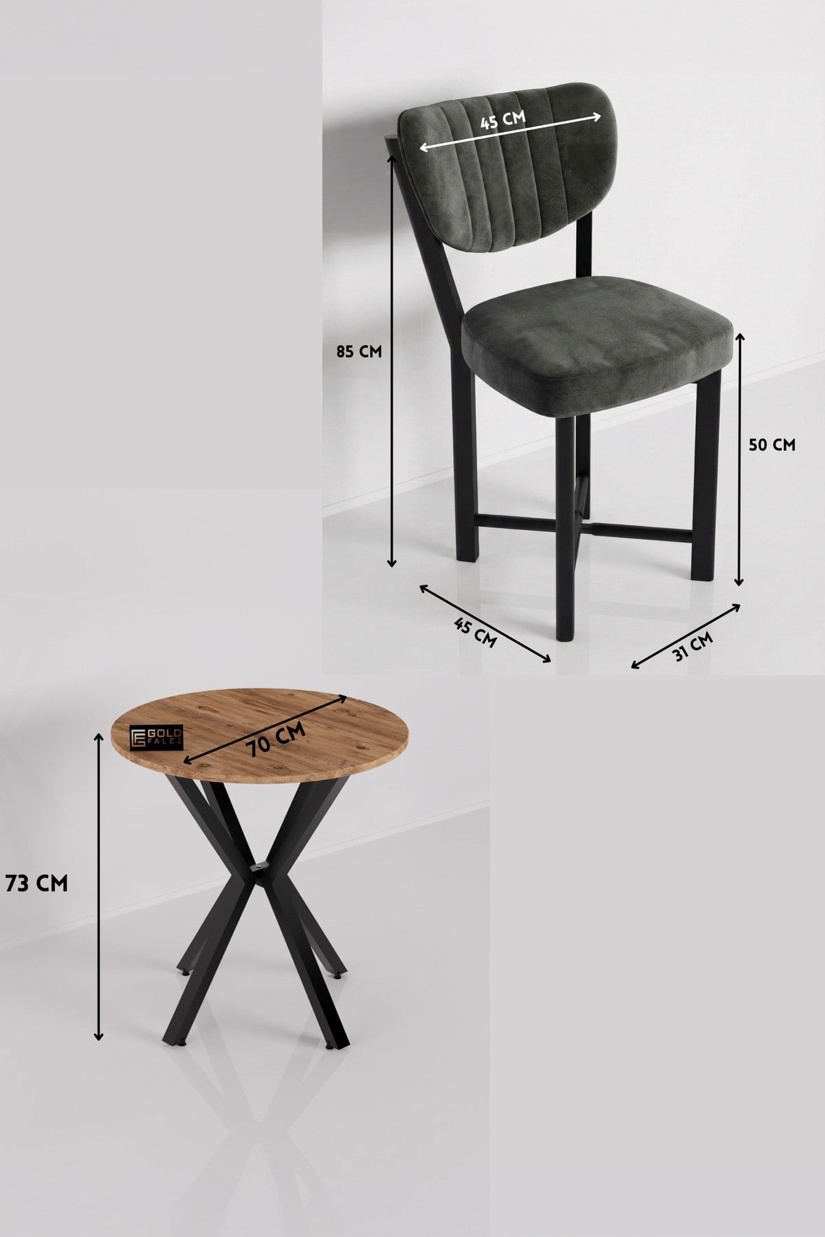 Reyo Falez Elma 70 cm Yuvarlak Masa Takımı 2 Sandalyeli Modern Mutfak Balkon Yemek Masası Seti Atlantik Çam - Antrasit 9845