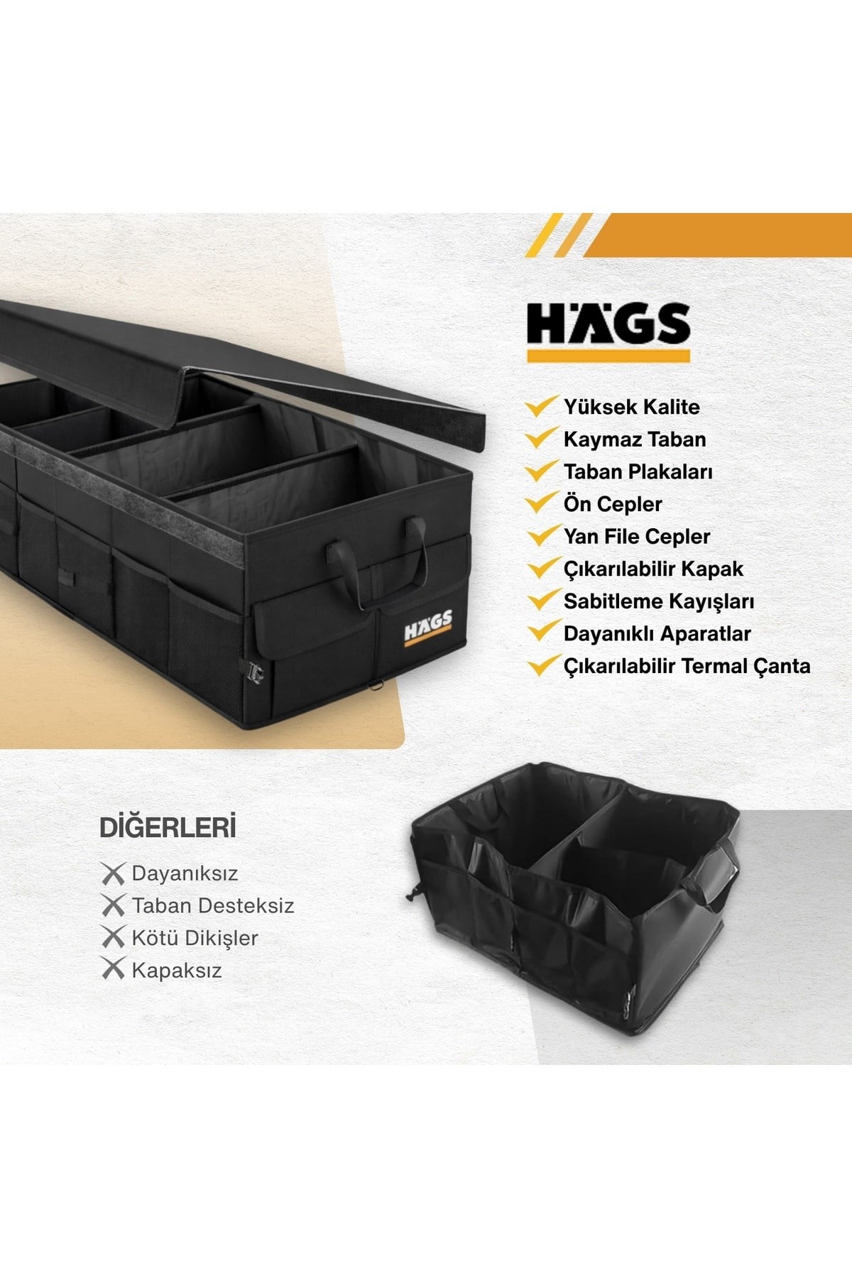 Haegs Araç Bagaj Düzenleyici, Soğutucu Çantalı Bagaj Organizer Sağlam Katlanabilir, Otomobil ve SUV`lar için, Cepli, 3 Ana Bölmeli, 100L /  90x40x28 cm - Siyah