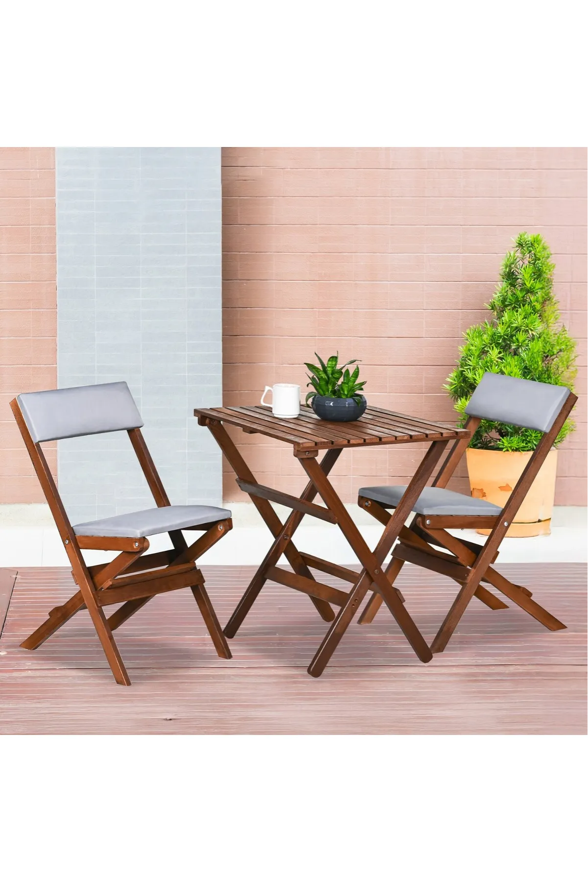 BySay Ahşap Katlanır Döşeme Minderli 3'lü Bistro Set Bahçe Takımı Ceviz Gri