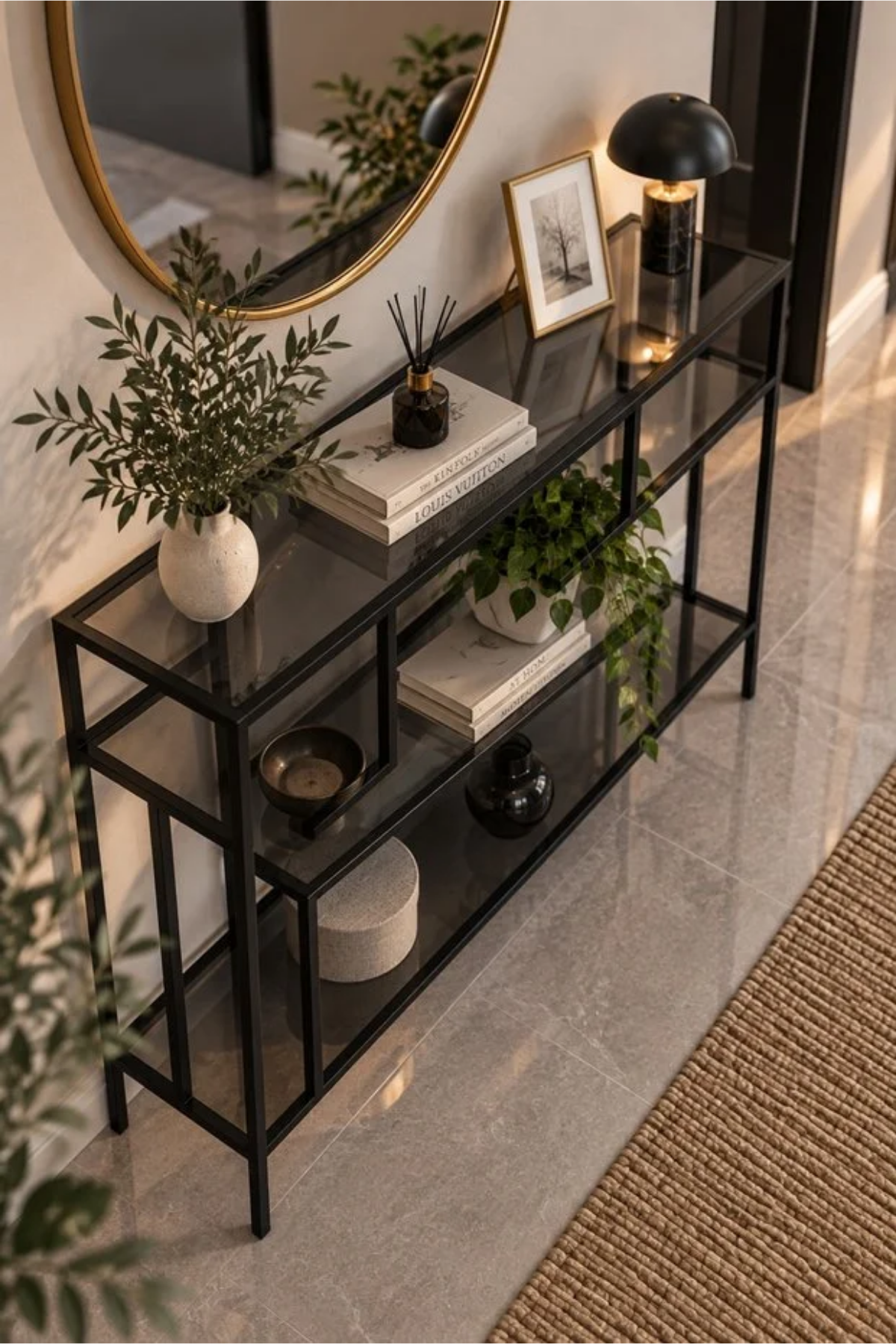 Reyo Mondrian Siyah Çerçeveli Füme Camlı Modern Salon Konsolu