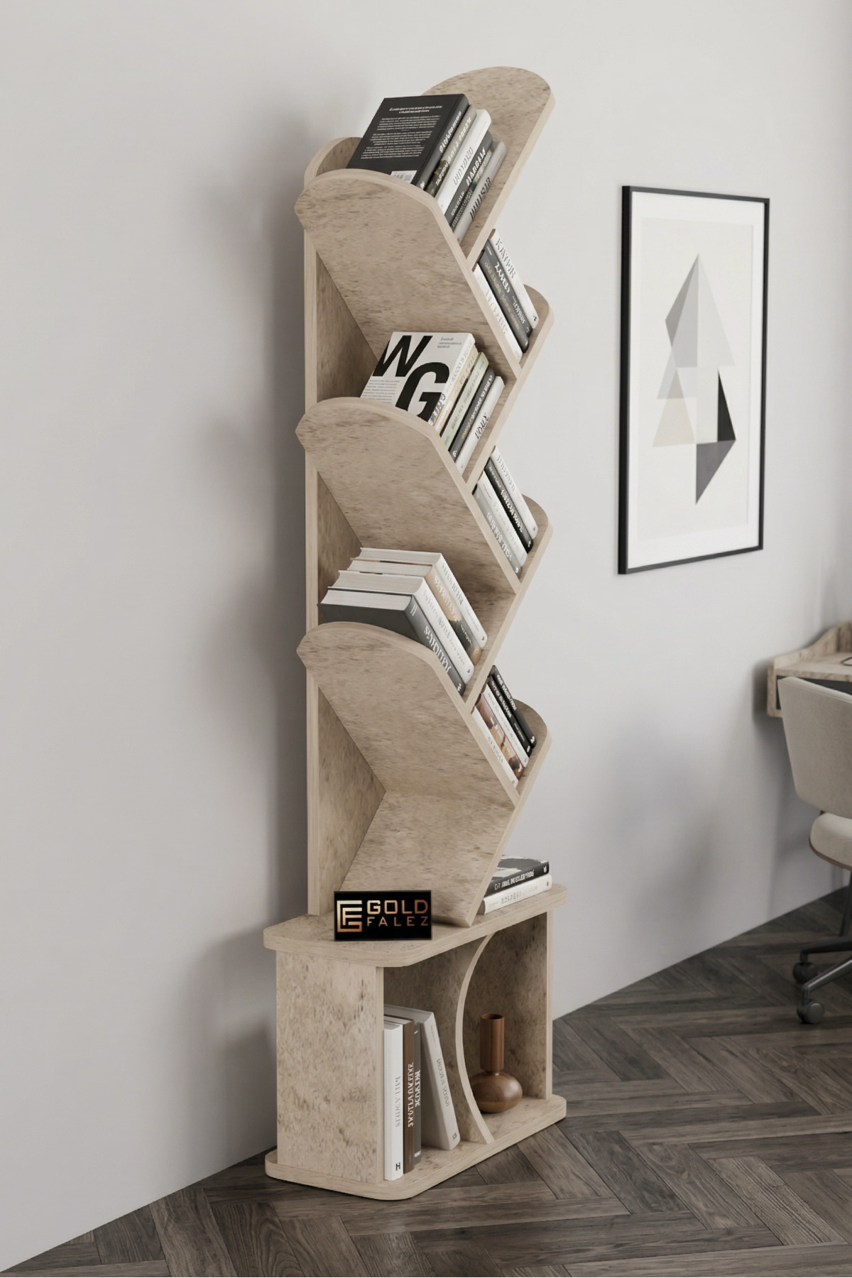 Reyo Falez 10 Raflı Kitaplık Modern Dekoratif Kitap Rafı Çok Katlı Kitap Standı Salon Ofis Organizer 7062 Traverten