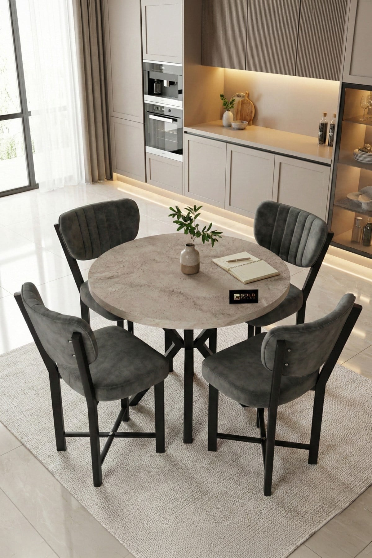 Reyo Falez Elma 90 cm 4 Sandalyeli Yuvarlak Masa Takımı Modern Mutfak Balkon Kafe Yemek Masası Seti - Traverten Antrasit 9867