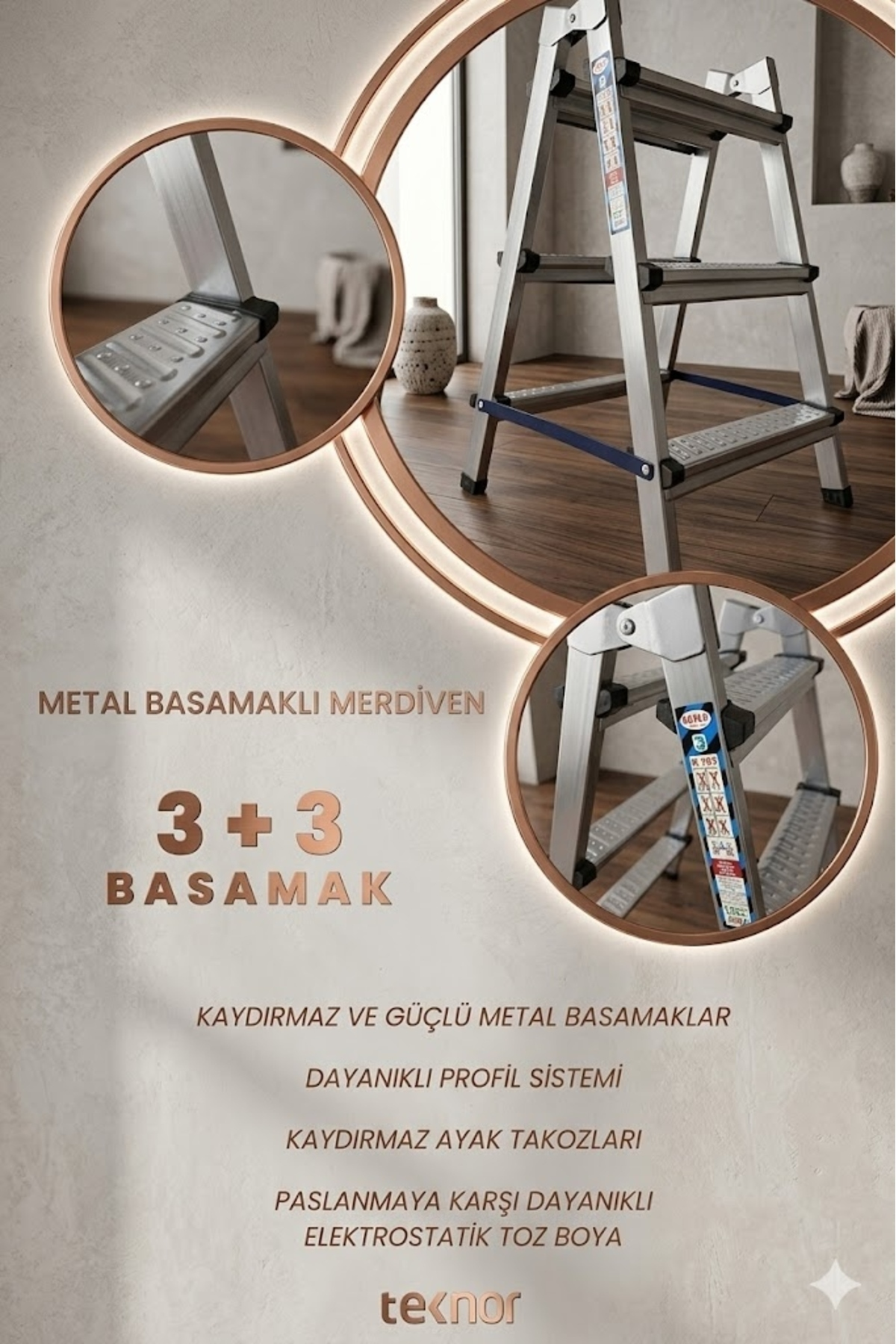 Reyo Kutlu Çift Taraflı Dayanıklı 3+3 Metal Basamaklı Katlanır Merdiven – Kaymaz Basamaklı Ev Tipi Portatif Merdiven