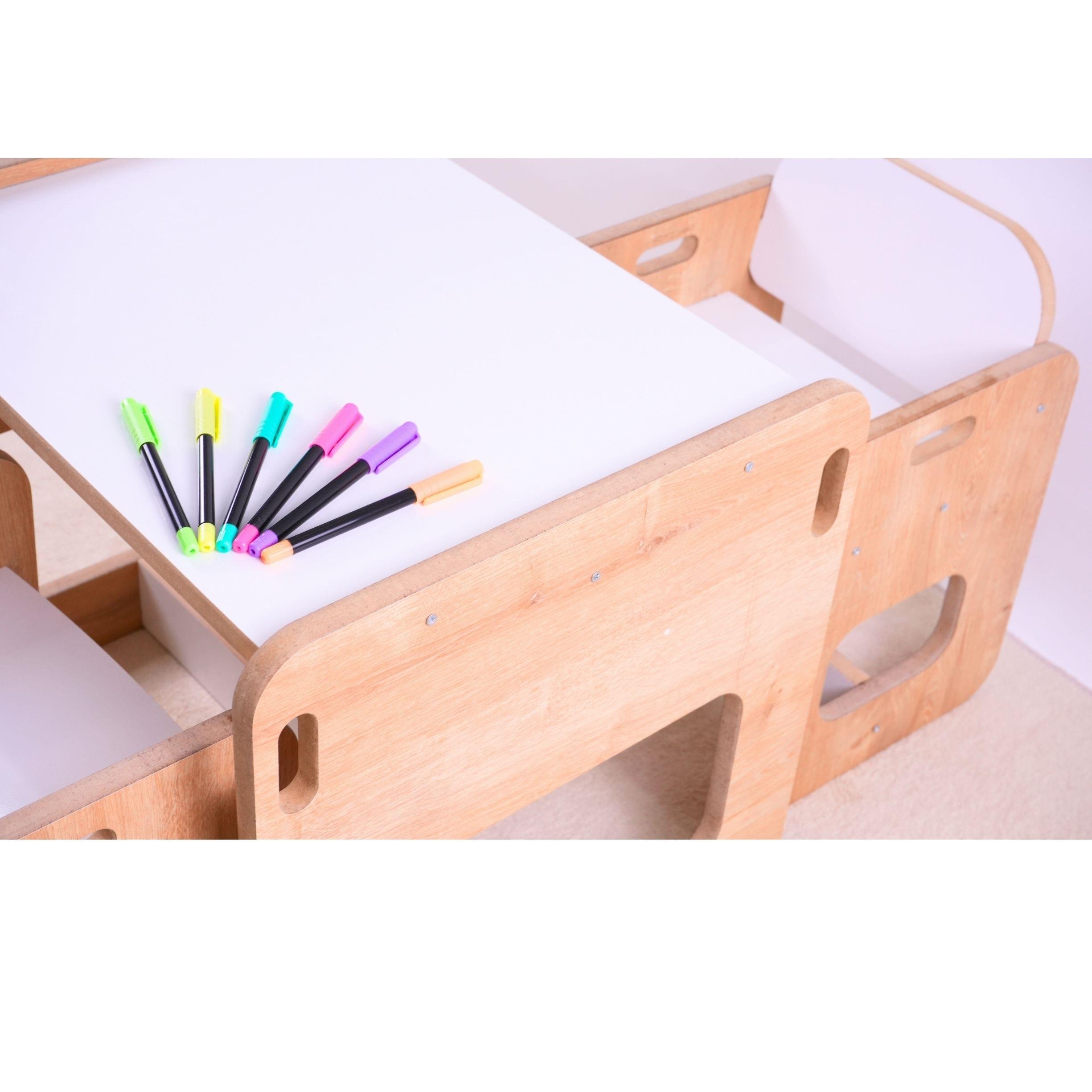 Montessori Çocuk Oyun ve Aktivite Masası Beyaz 1 Masa & 2 Turtle Sandalye