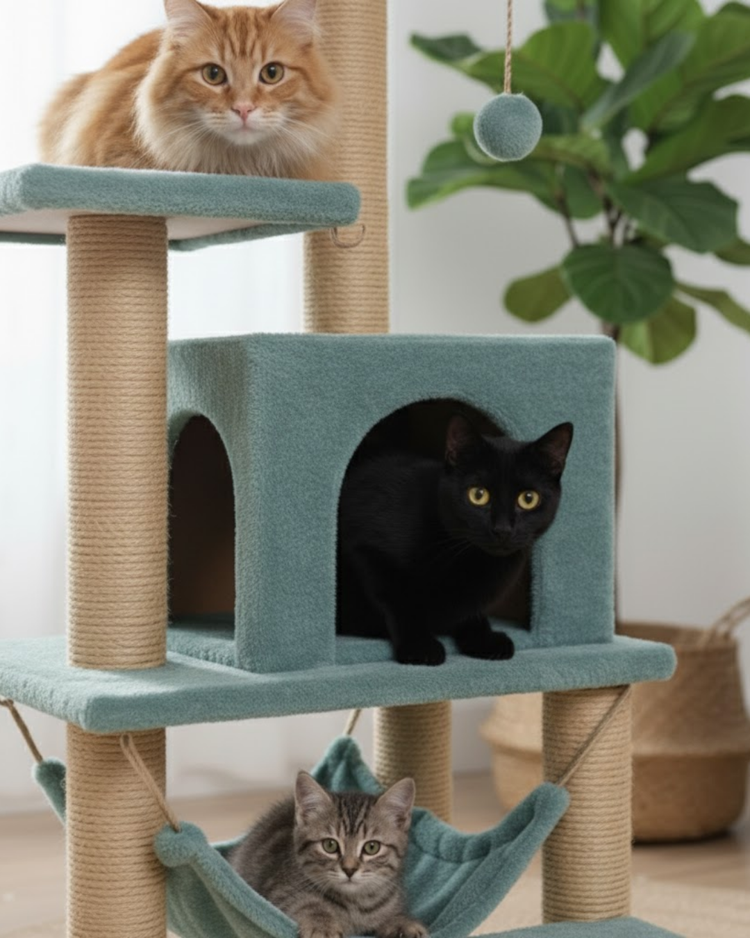 Reyo Pet B-07 Hamaklı Yuvalı Lüx Kedi Tırmalama Oyun Evi Turkuaz