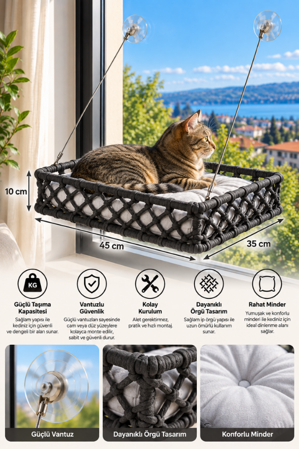 Tasaryum El İşçiliği Bohem Makrome Kedi ve Küçük Köpek Cam Hamak Yatağı Güçlü Vantuzlu, Minderli - Antrasit