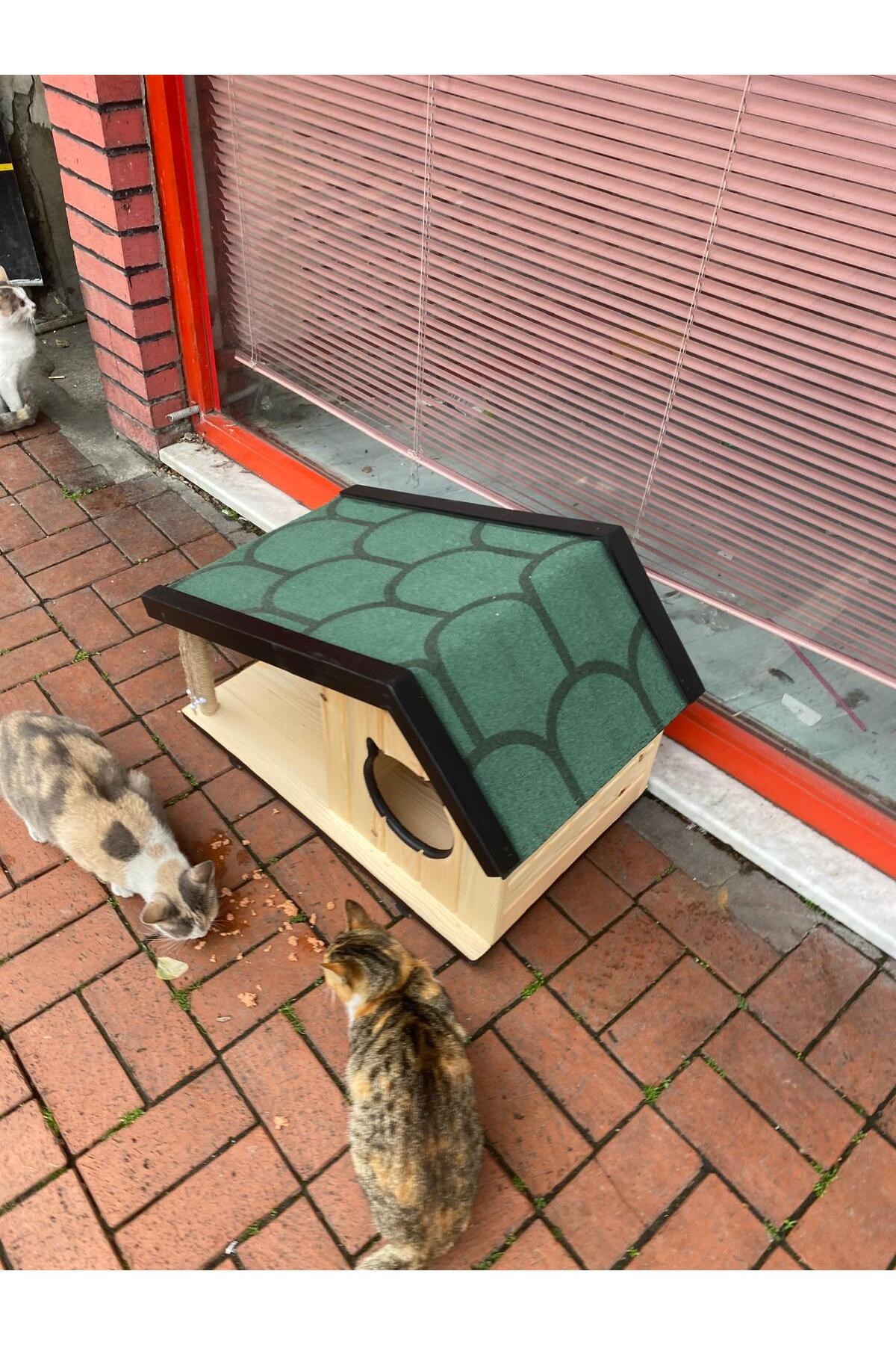 Narım Ahşap Mama Standlı Tırmalama Tahtalı Özel Tasarım Kedi Barınağı, Kedi Barınağı 74x45 cm