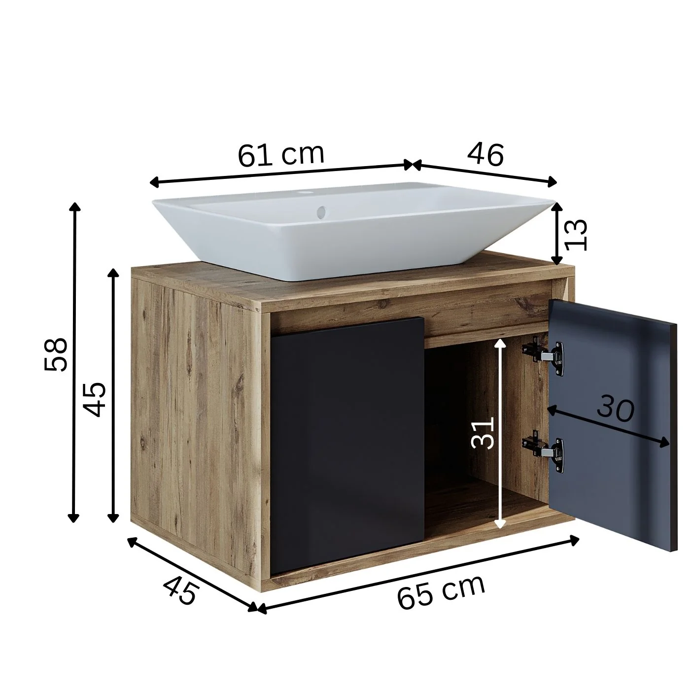 Roomart Ld7 Ayaksız 2 Kapaklı Lavabolu Ahşap-Antrasit Mdf 65 cm Banyo Dolabı BANOS1707