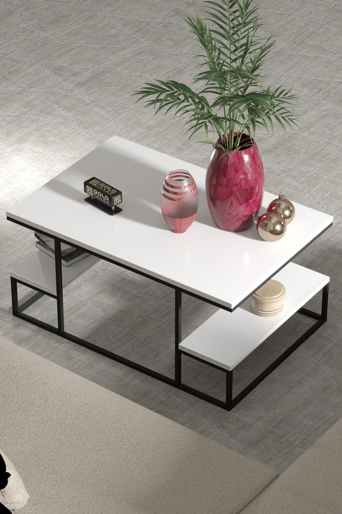 Reyo Falez Deluxe Raflı Orta Sehpa 60x90 cm Modern Dikdörtgen Orta Sehpa Beyaz 