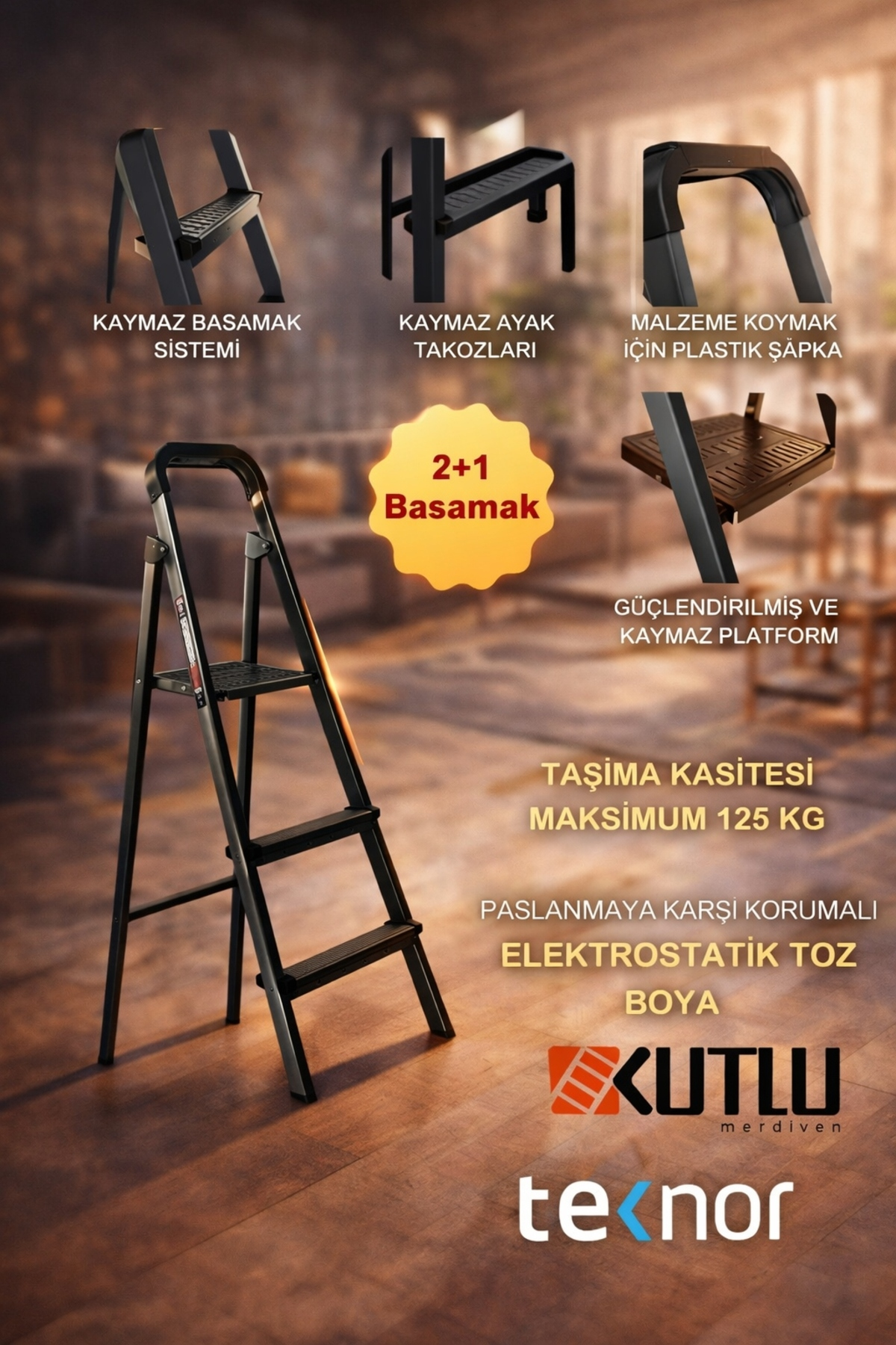 Reyo Kutlu Dayanıklı 2+1 Metal Basamaklı Katlanır Merdiven – Kaymaz Basamaklı Ev Tipi Portatif Merdiven