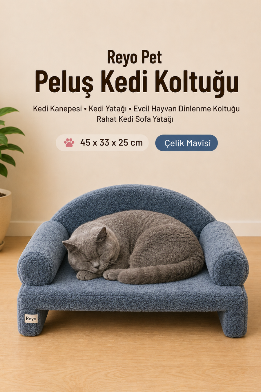 Reyo Pet Peluş Kedi Koltuğu, Kedi Kanepesi, Kedi Yatağı, Evcil Hayvan Dinlenme Koltuğu, Rahat Kedi Sofa Yatağı, 45x33x25 cm Çelik Mavisi