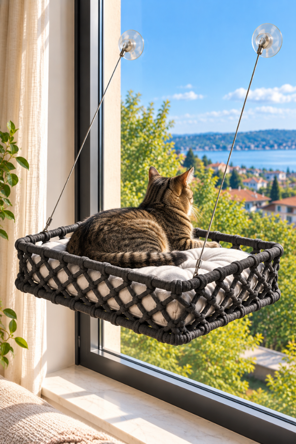 Tasaryum El İşçiliği Bohem Makrome Kedi ve Küçük Köpek Cam Hamak Yatağı Güçlü Vantuzlu, Minderli - Antrasit