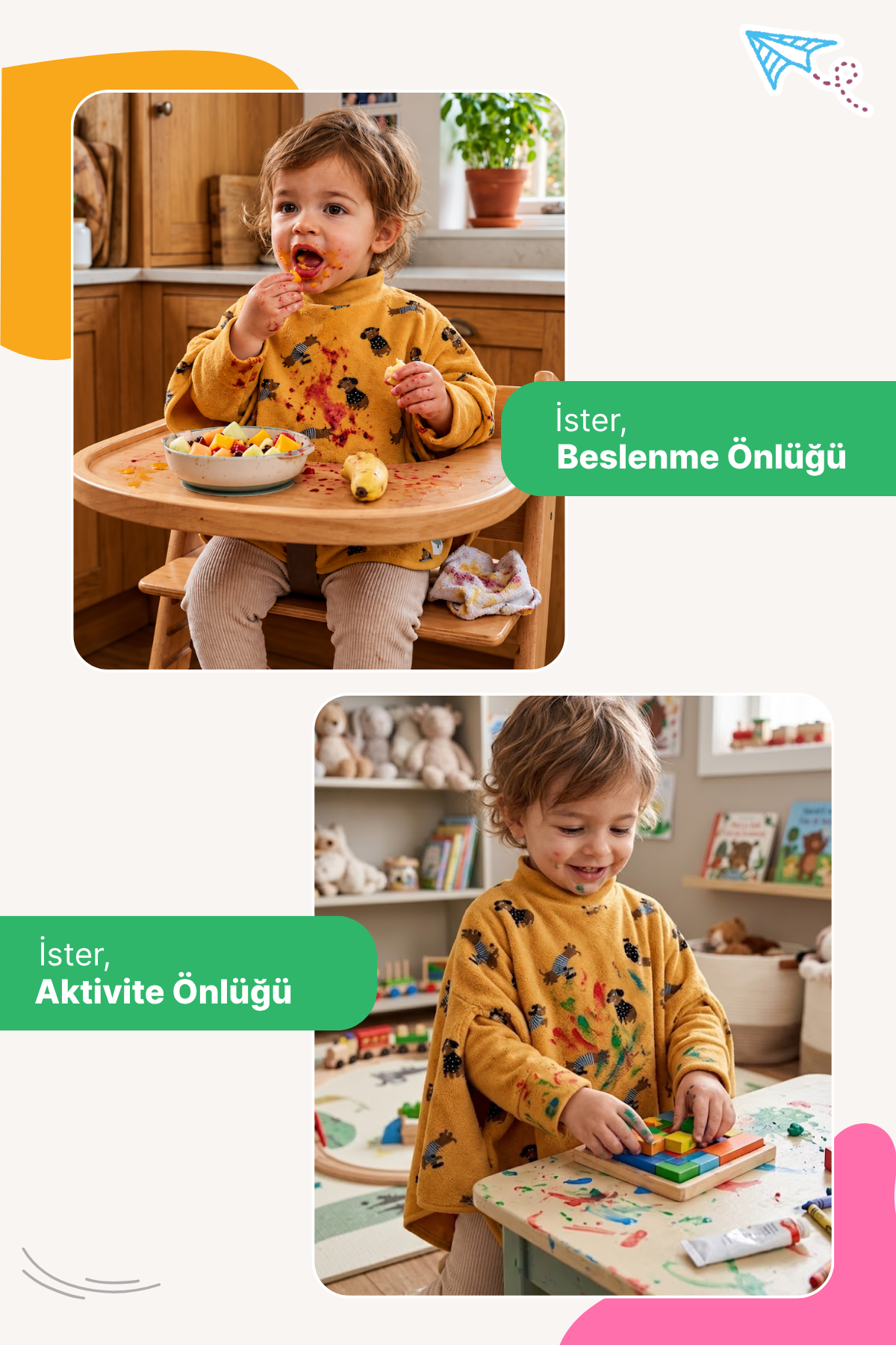 Reyo 6 Ay-6 Yaş Uzun Kollu Bebek Mama Önlüğü, Çocuk Aktivite Önlüğü, Pamuklu, Sıvı Geçirmez İç Katmanlı Havlu Bebek Beslenme Önlüğü - Köpek Desenli