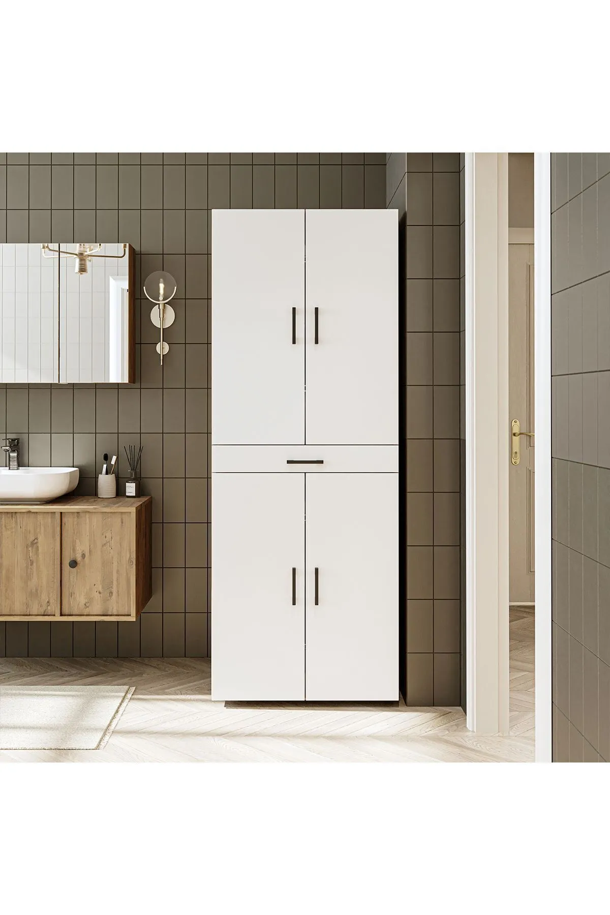 RoomArt Banyo Dolabı Kapaklı Çamaşır Ve Kurutma Makinesi Dolabı 70x185 cm Atlantik Çam - Mat Beyaz