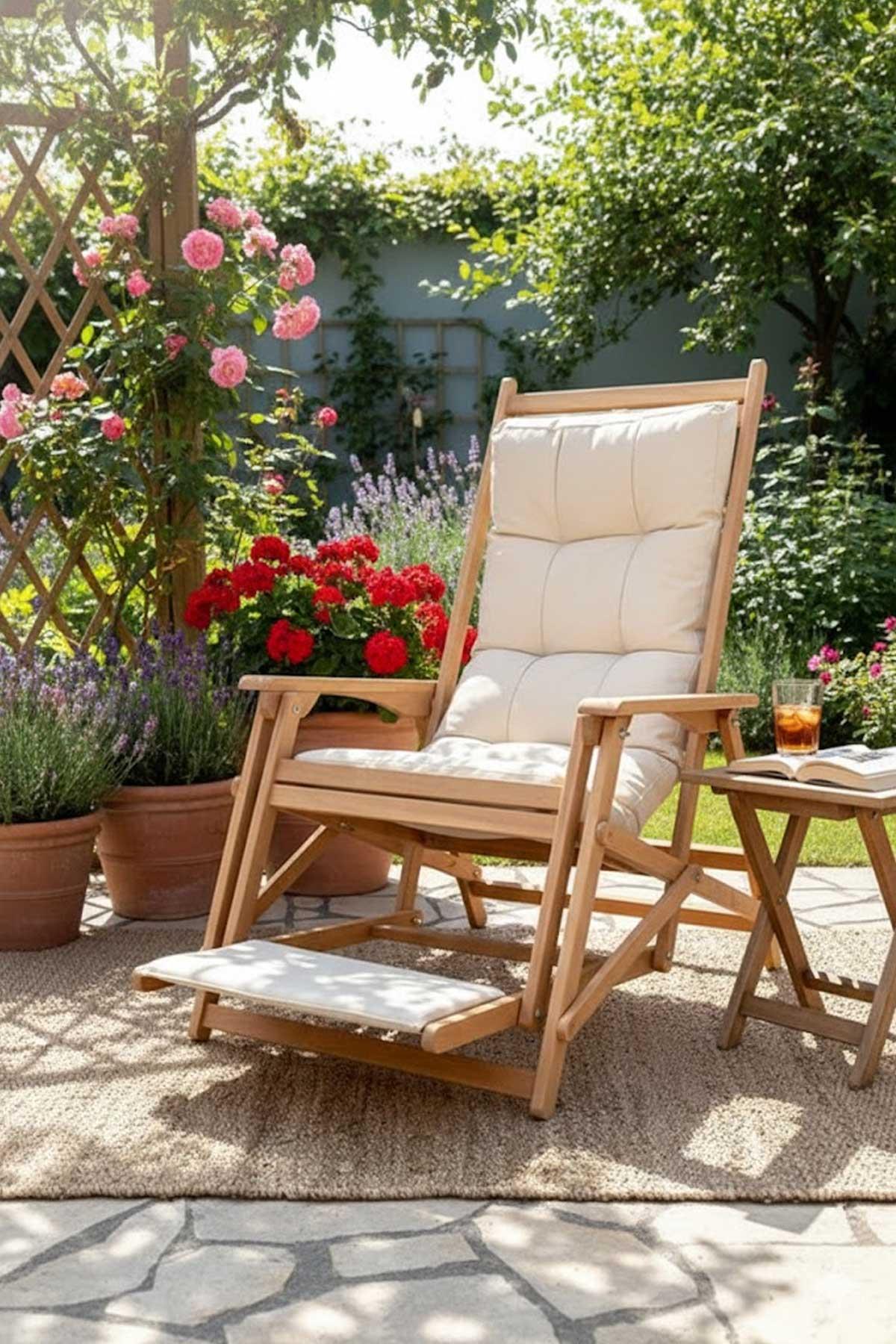 Reyo Lara Yaylanır Şezlong, Dinlenme Koltuğu, Baba Koltuğu, Bahçe Balkon Sandalyesi Krem
