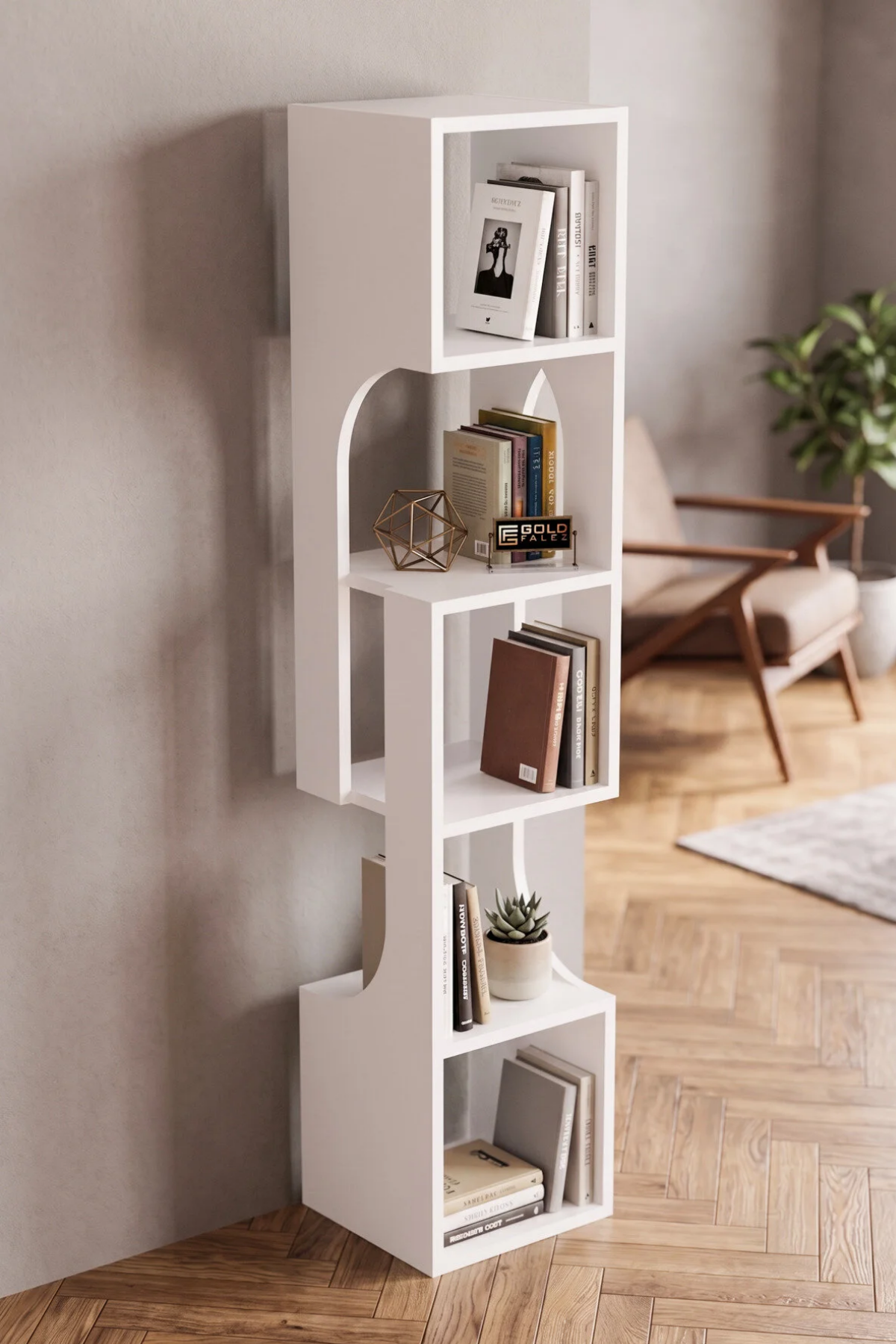 Reyo Falez Kitaplık Ahşap Dekoratif Raf 5 Katlı Modern Çok Amaçlı Kitaplık Salon Ofis Kitaplığı - Beyaz 7067 